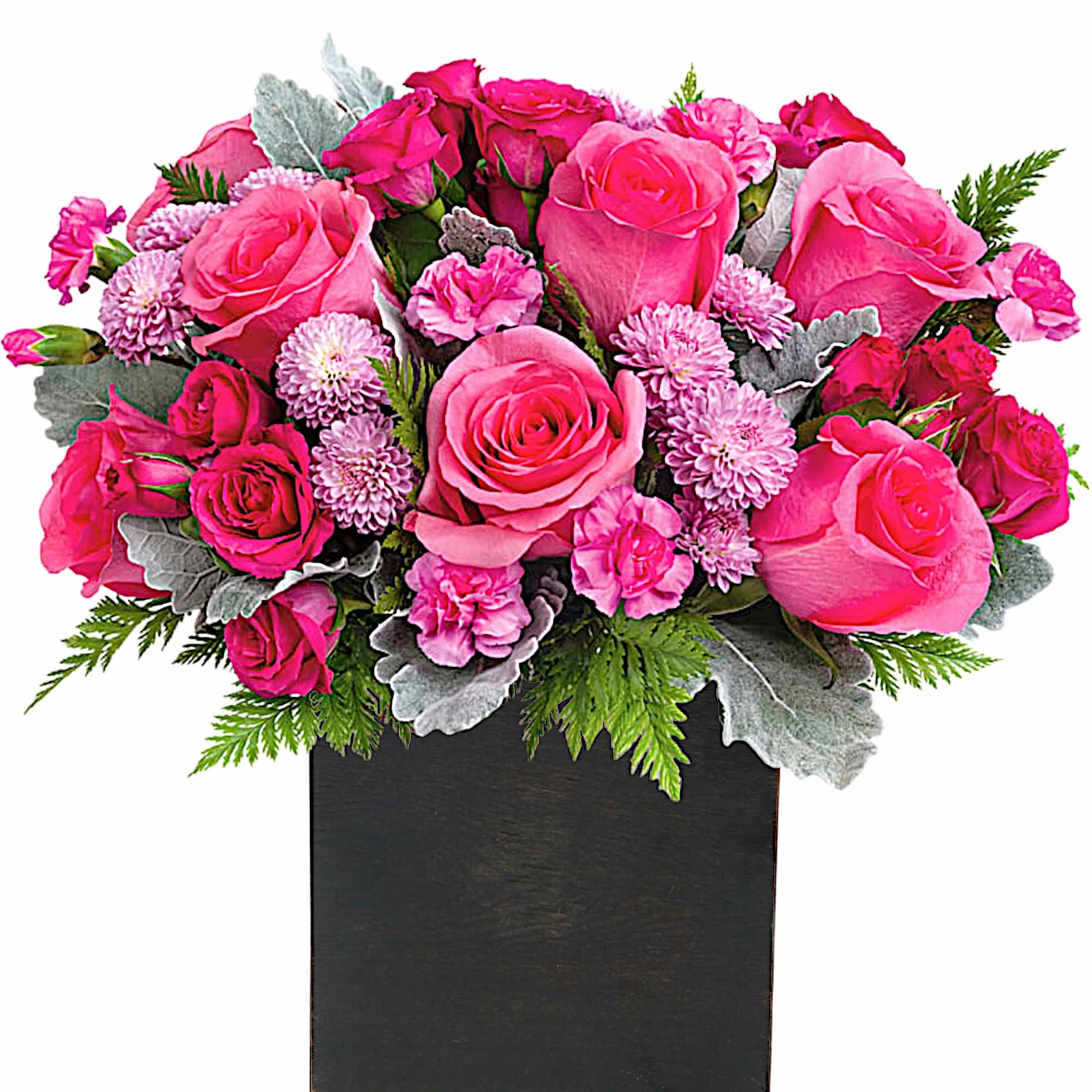 Pink roses and small pink blooms arranged in a black box