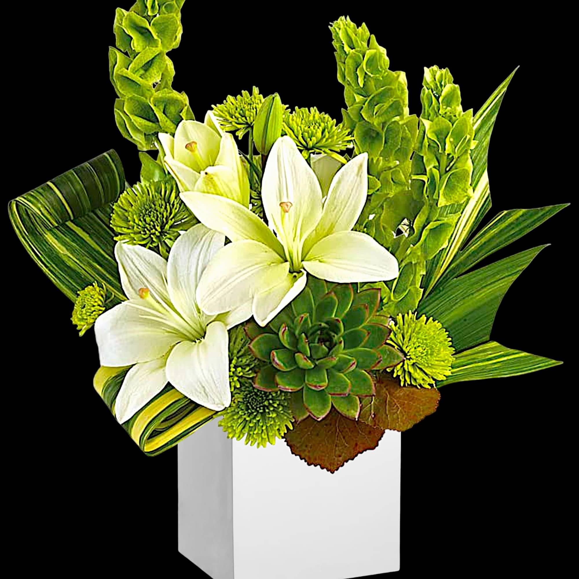 White lilies and green blooms in a white vase with tropical leaves