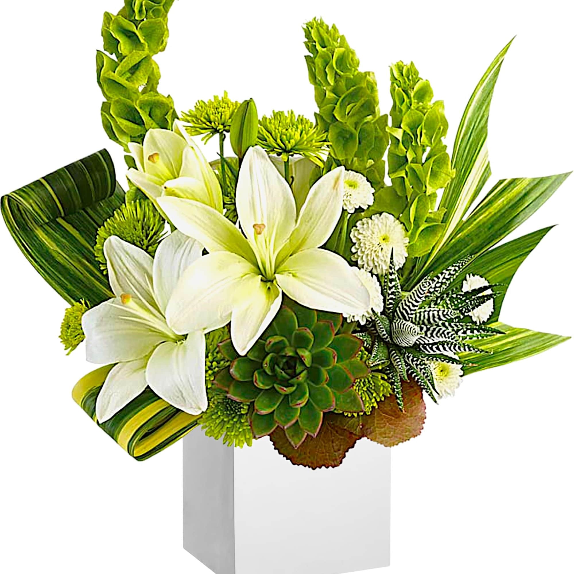 White lilies and green flowers arranged in a white vase with a succulent