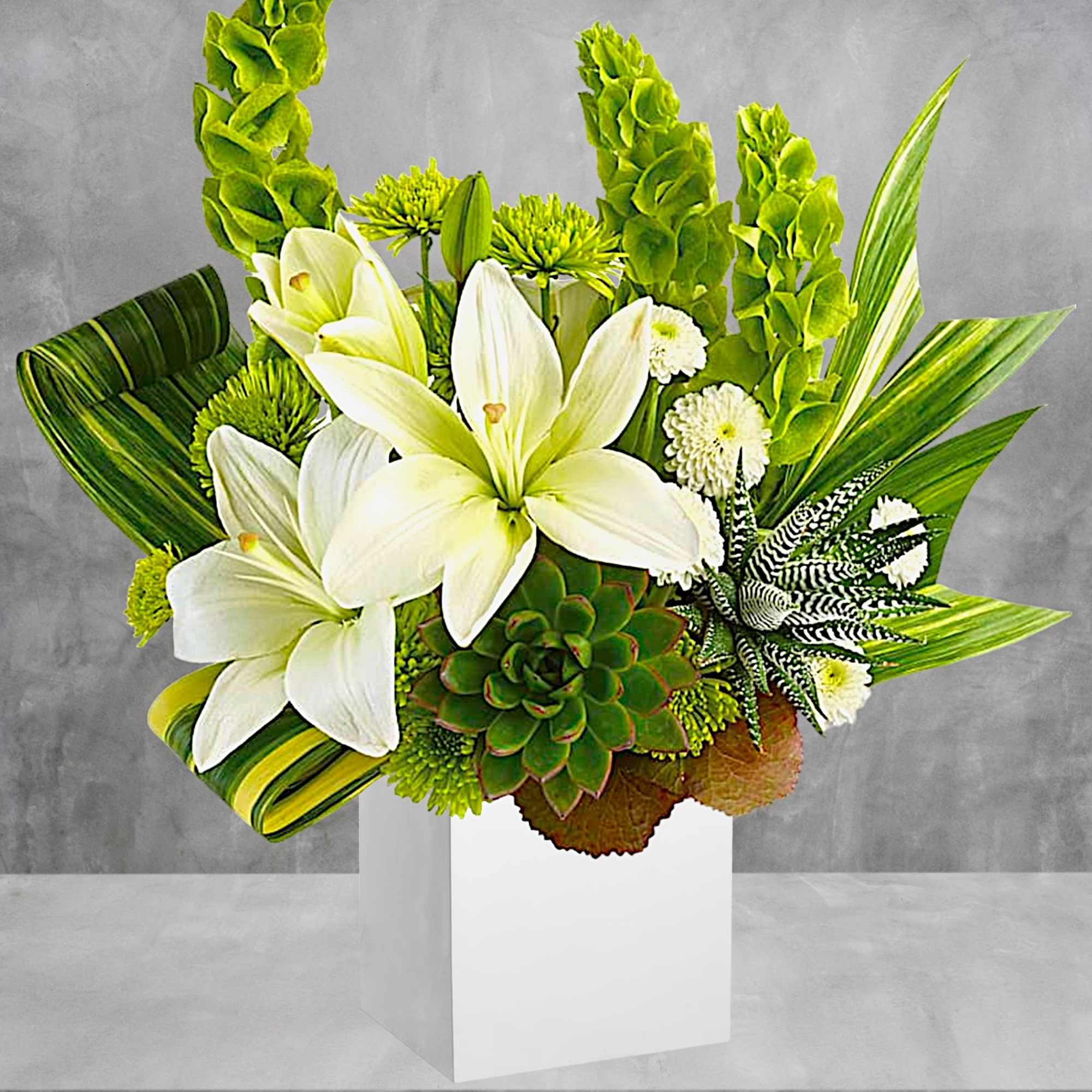 White lilies and green succulents in a white box