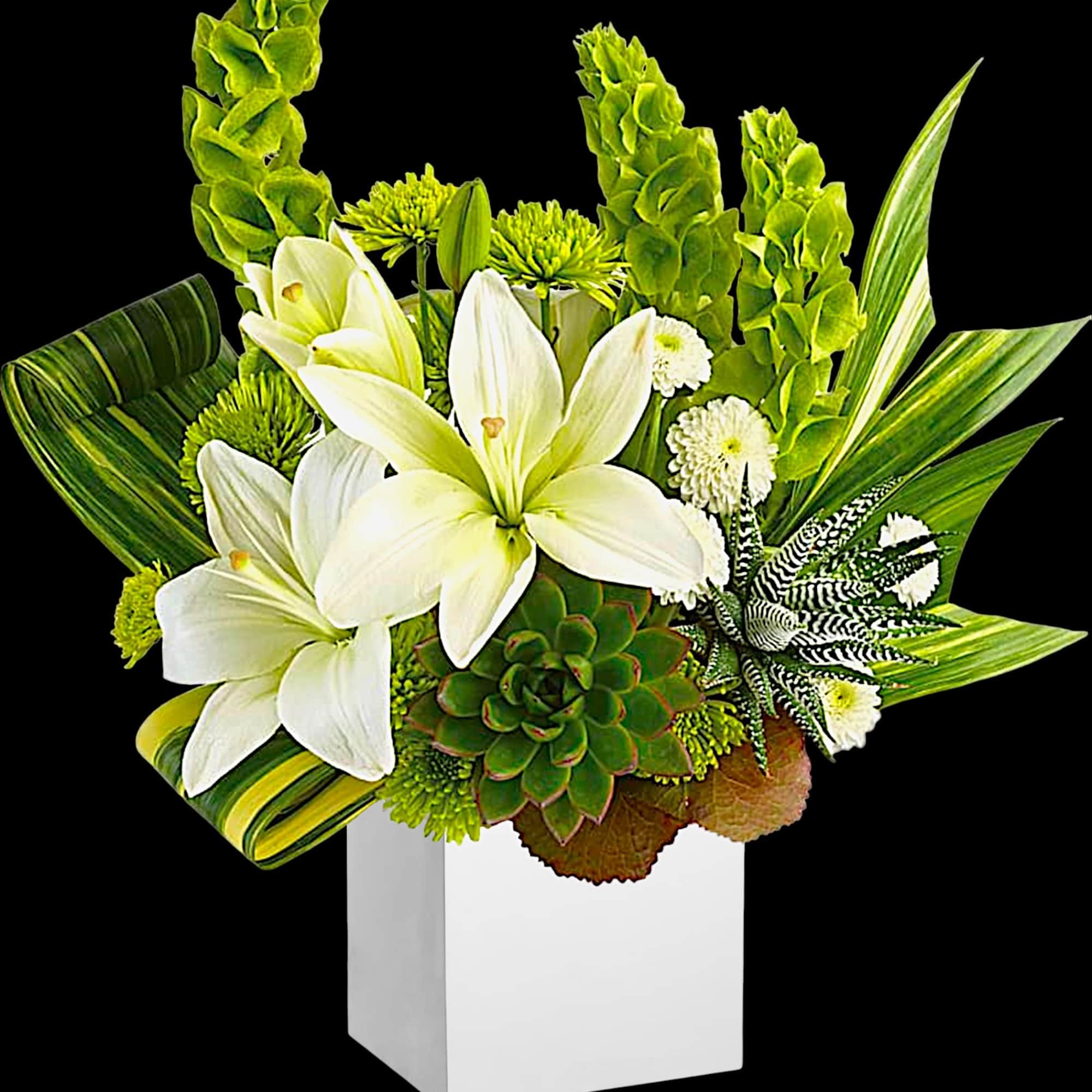 White lilies and green flowers in a white cube vase with a succulent
