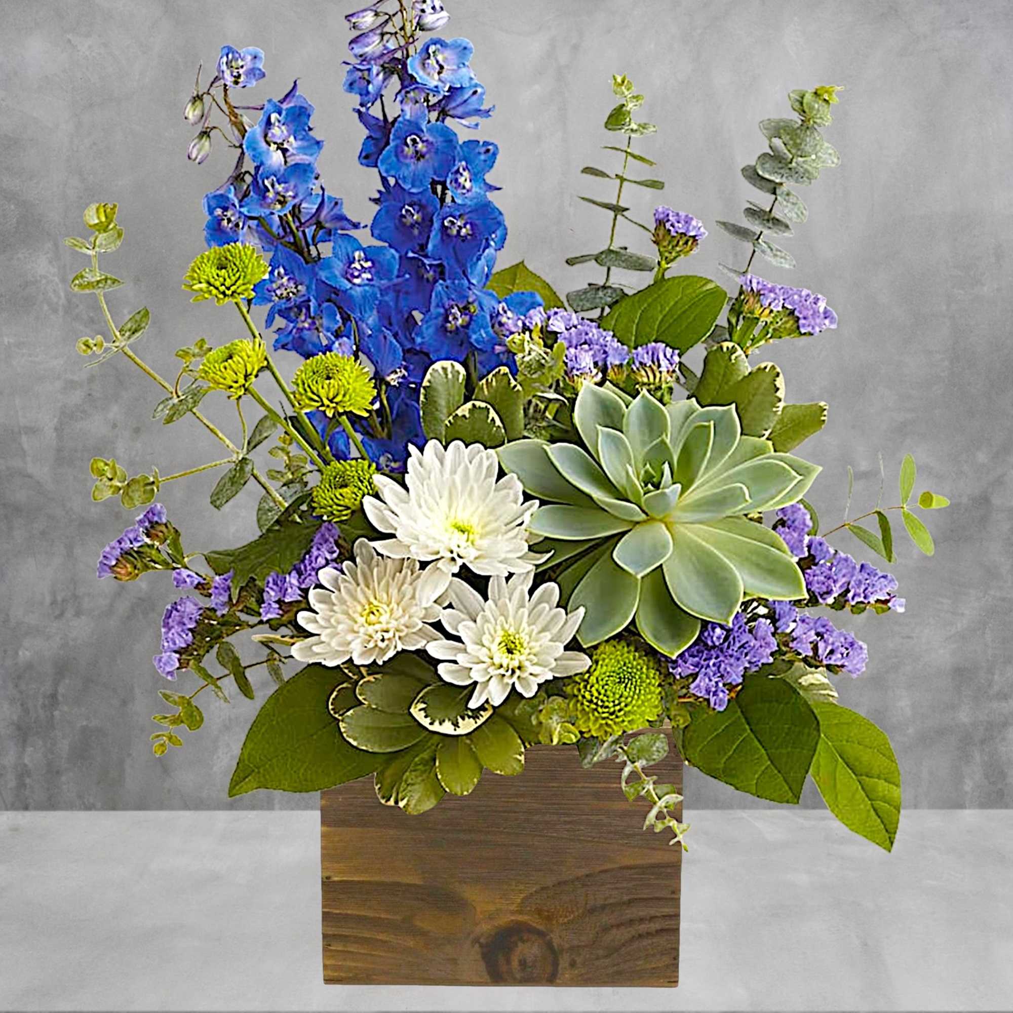 Blue delphinium and white chrysanthemums in a wooden box with a succulent