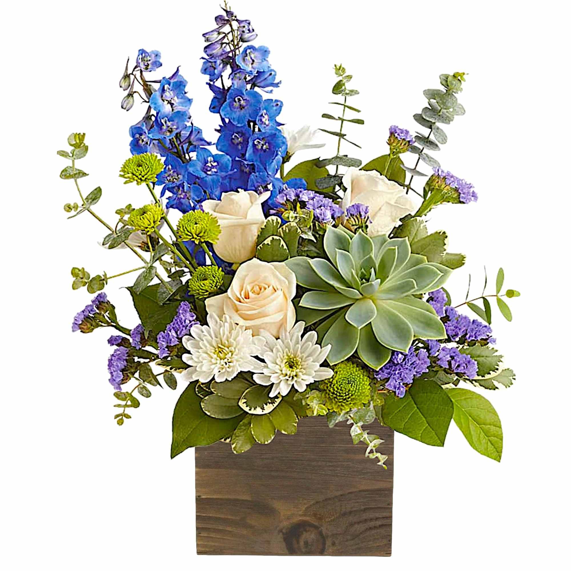 Blue and white floral arrangement in a wooden box with a succulent
