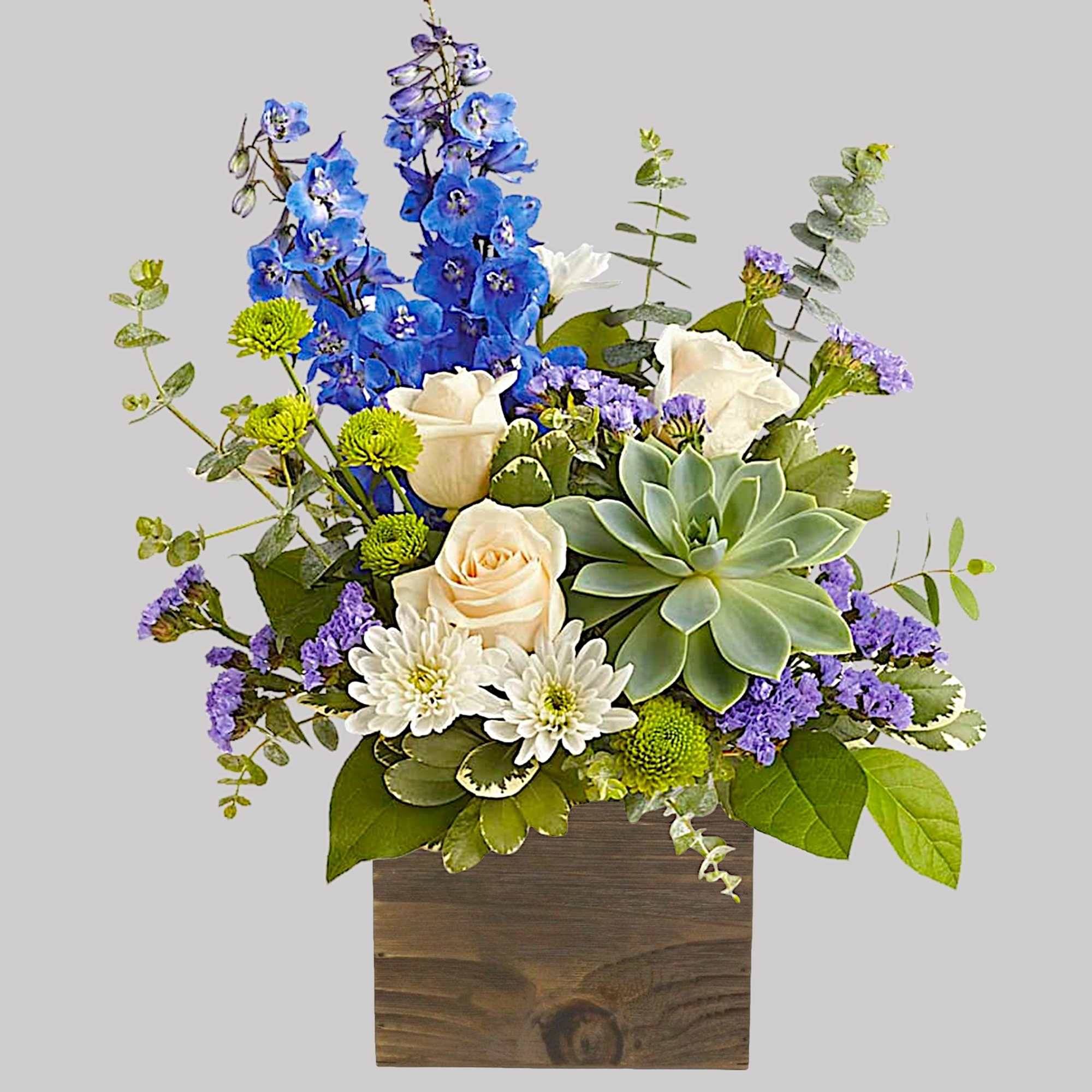 Blue and white floral arrangement in a wooden box with a succulent, photo 3 of 4
