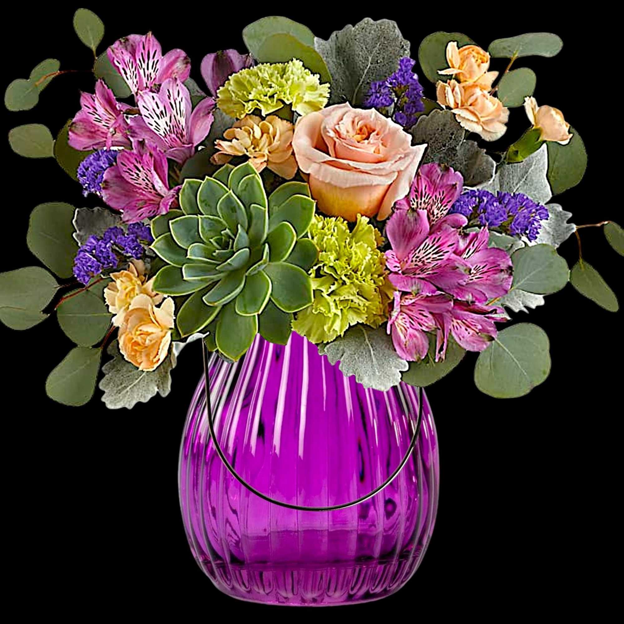 Mixed bouquet in a purple glass vase with a succulent centerpiece, photo 4 of 4