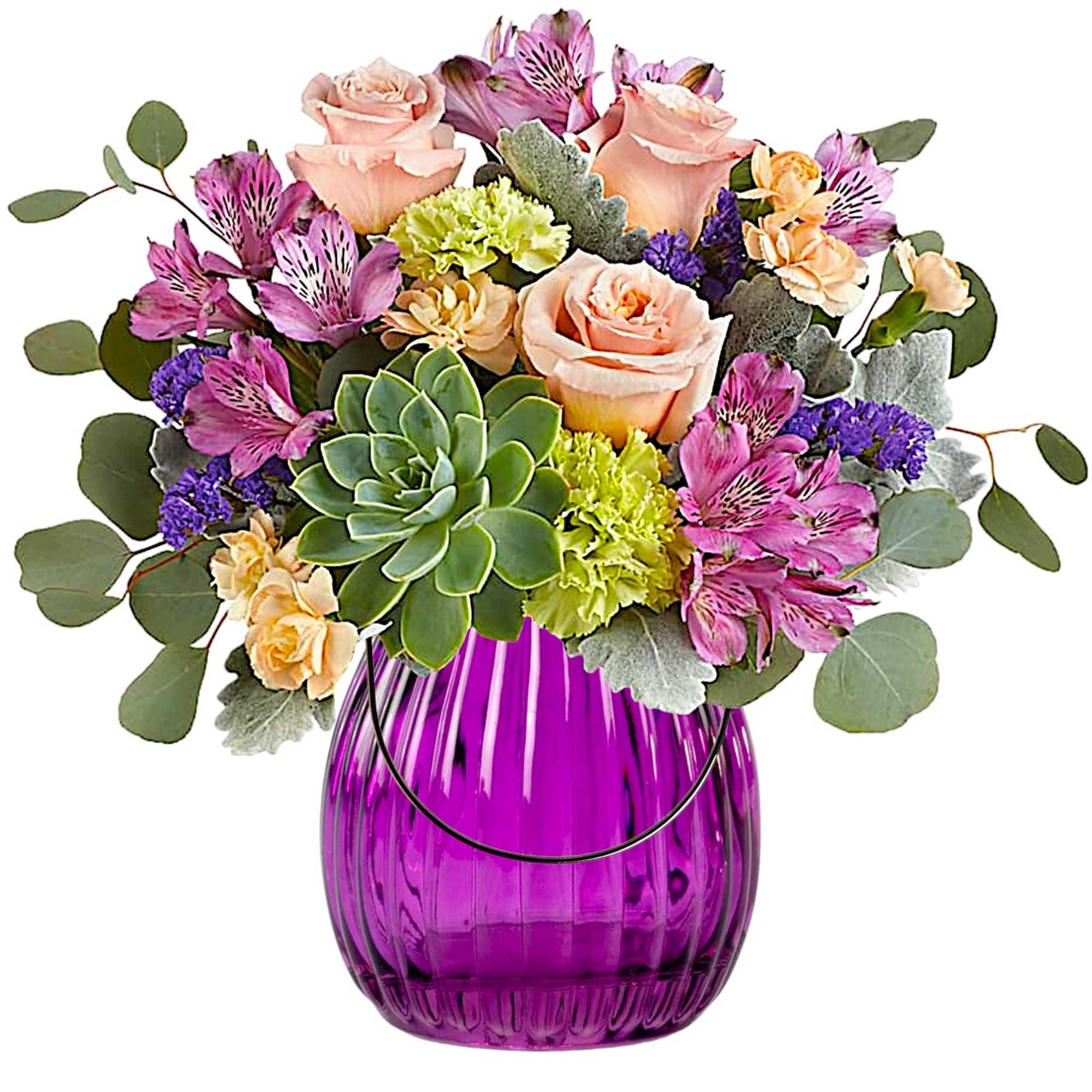 Bouquet of peach roses, purple alstroemeria, and succulents in a purple vase