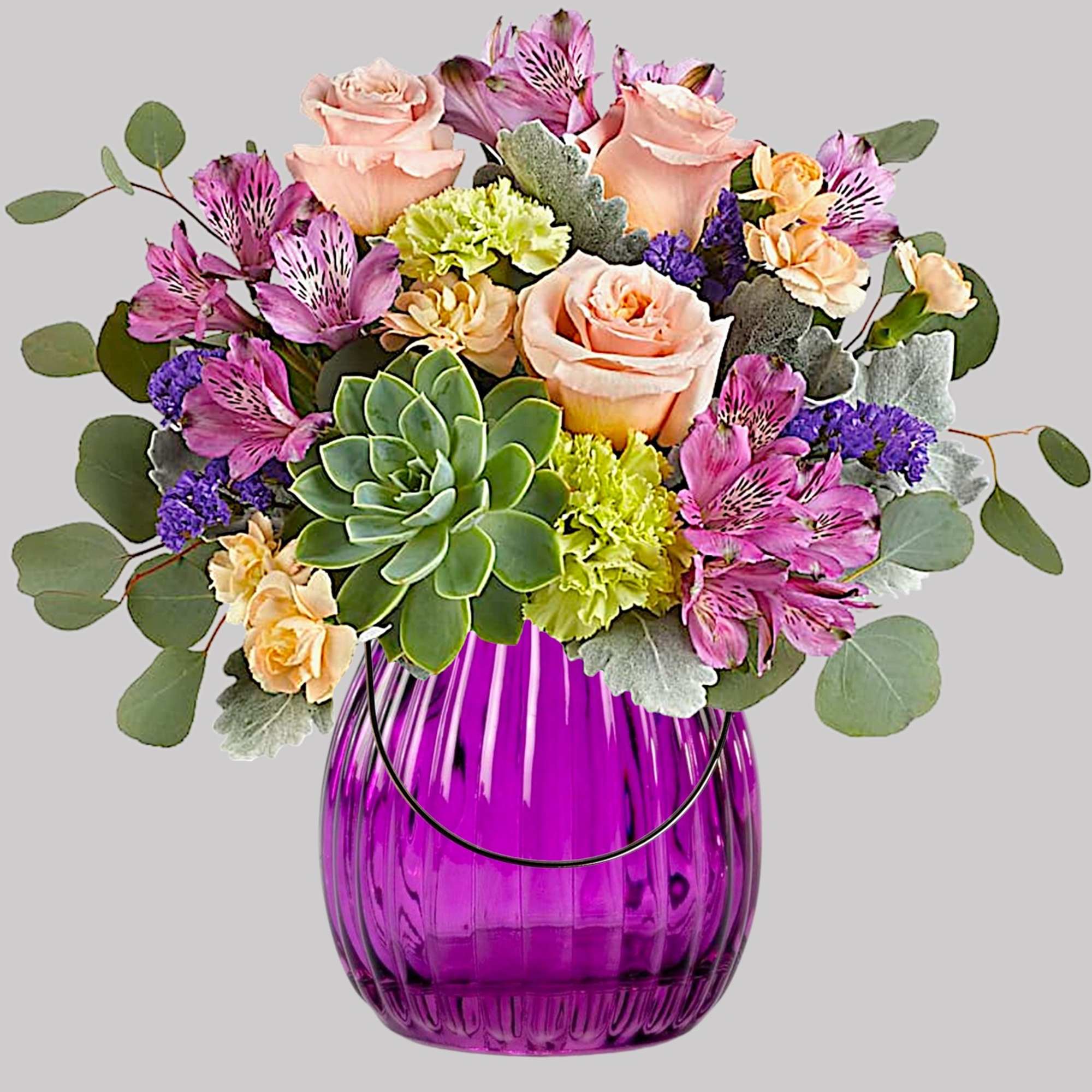 Mixed bouquet in a purple glass vase with roses and succulents, photo 3 of 4