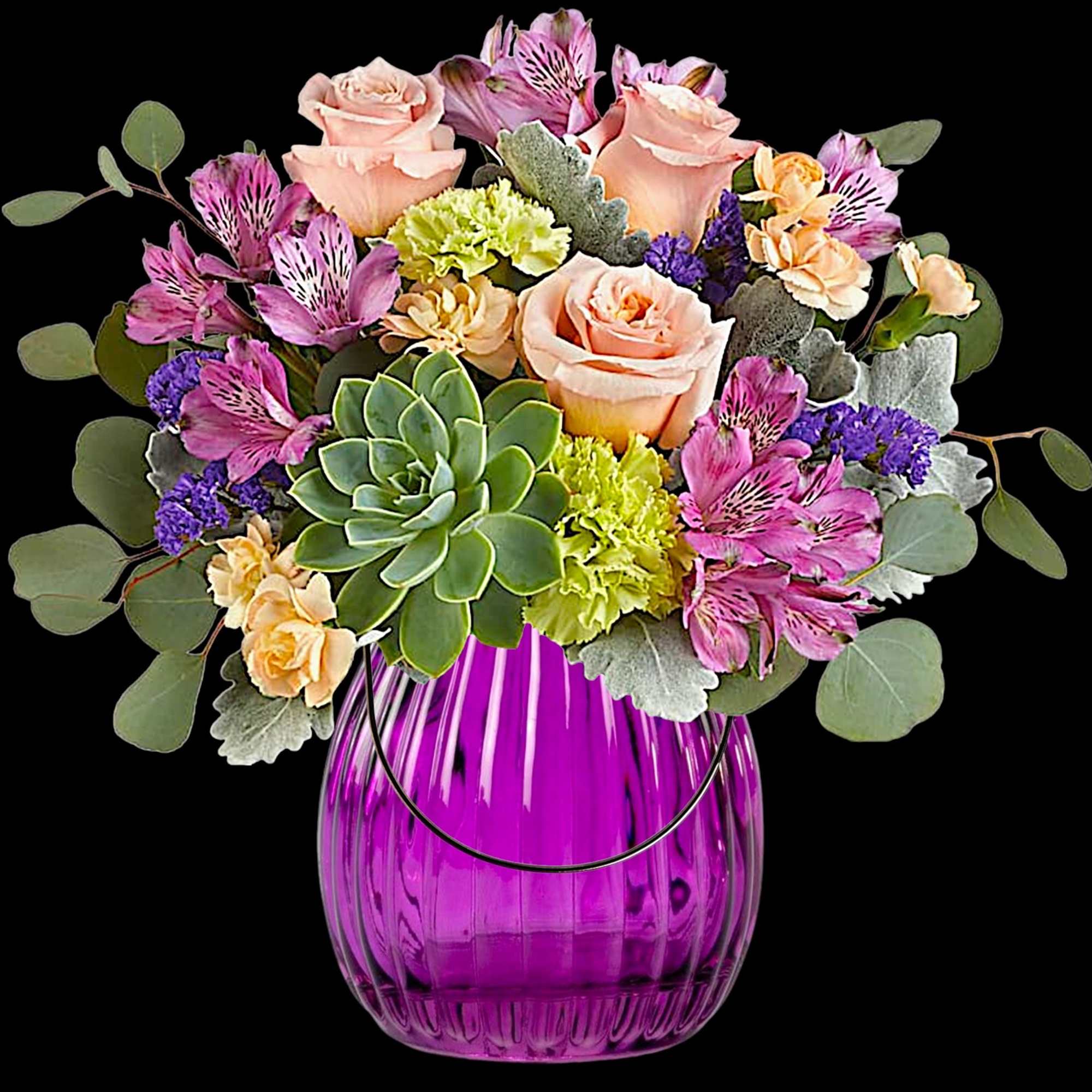 Mixed bouquet in a purple glass vase with roses and succulents, photo 4 of 4