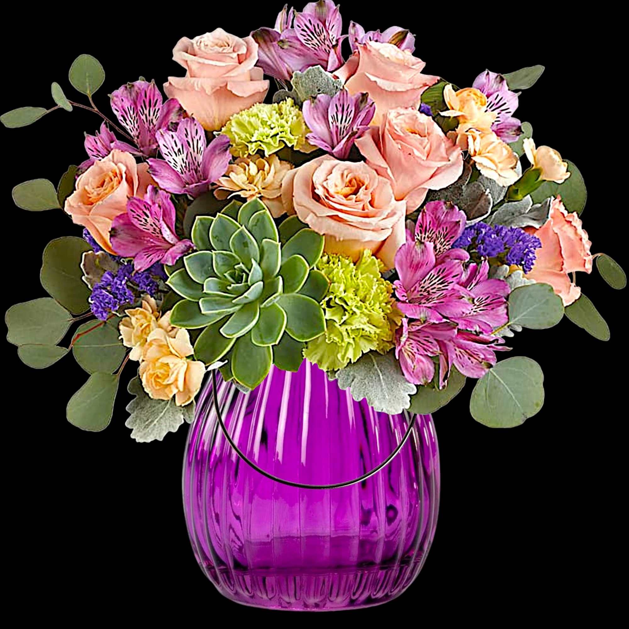 Mixed bouquet of pink roses and purple flowers in a purple glass vase, photo 4 of 4