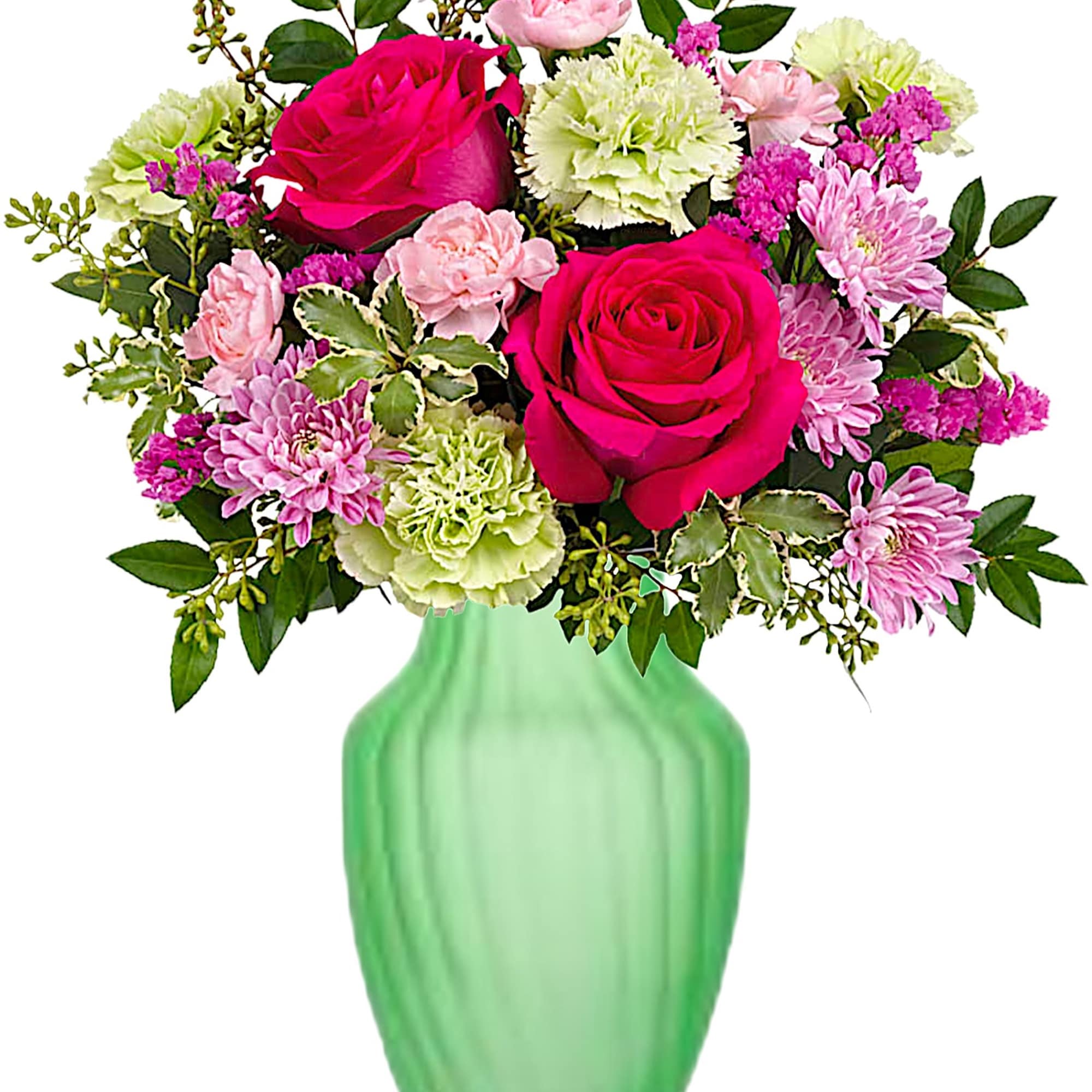 Pink roses and mixed flowers in a green vase