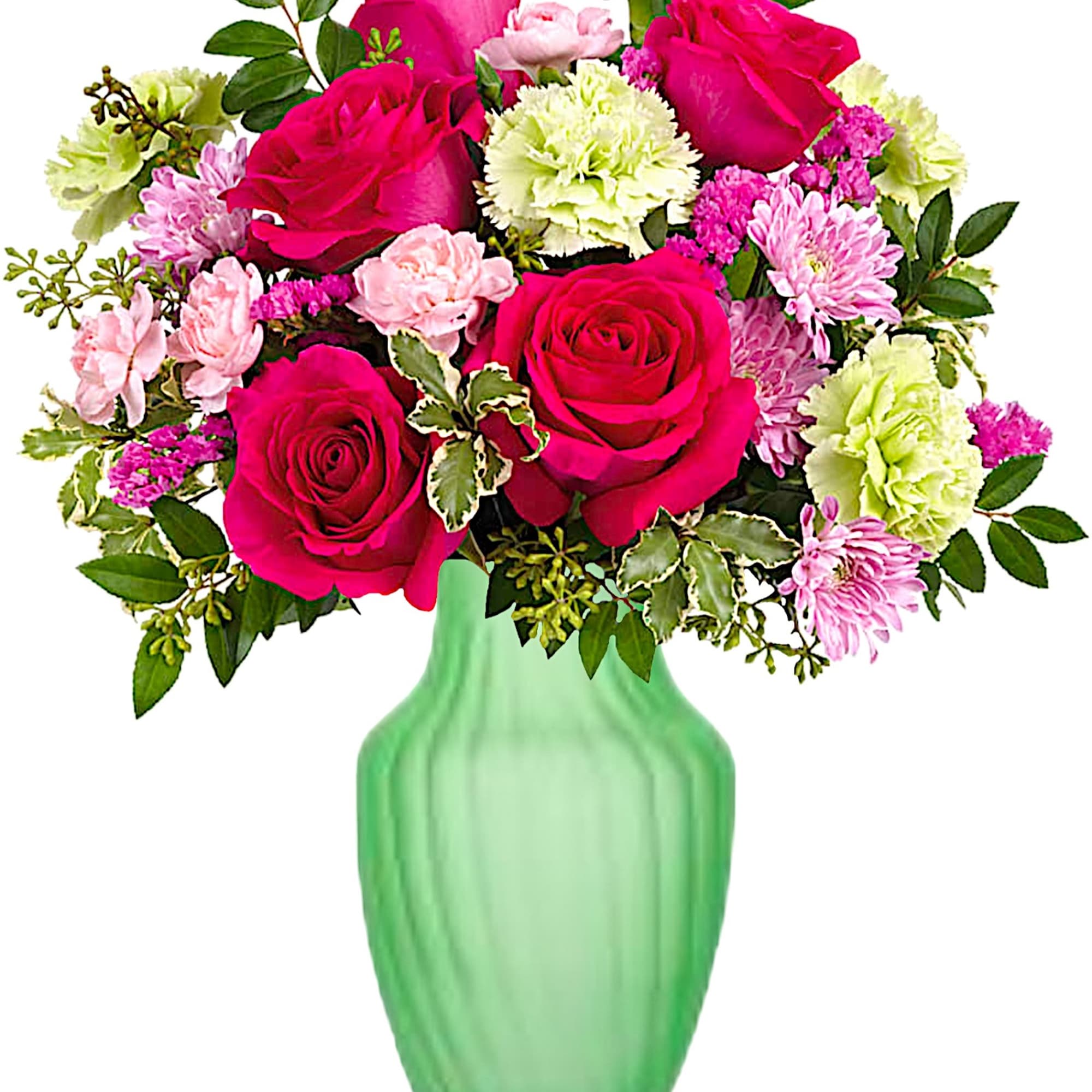 Bouquet of pink roses and carnations in a green vase