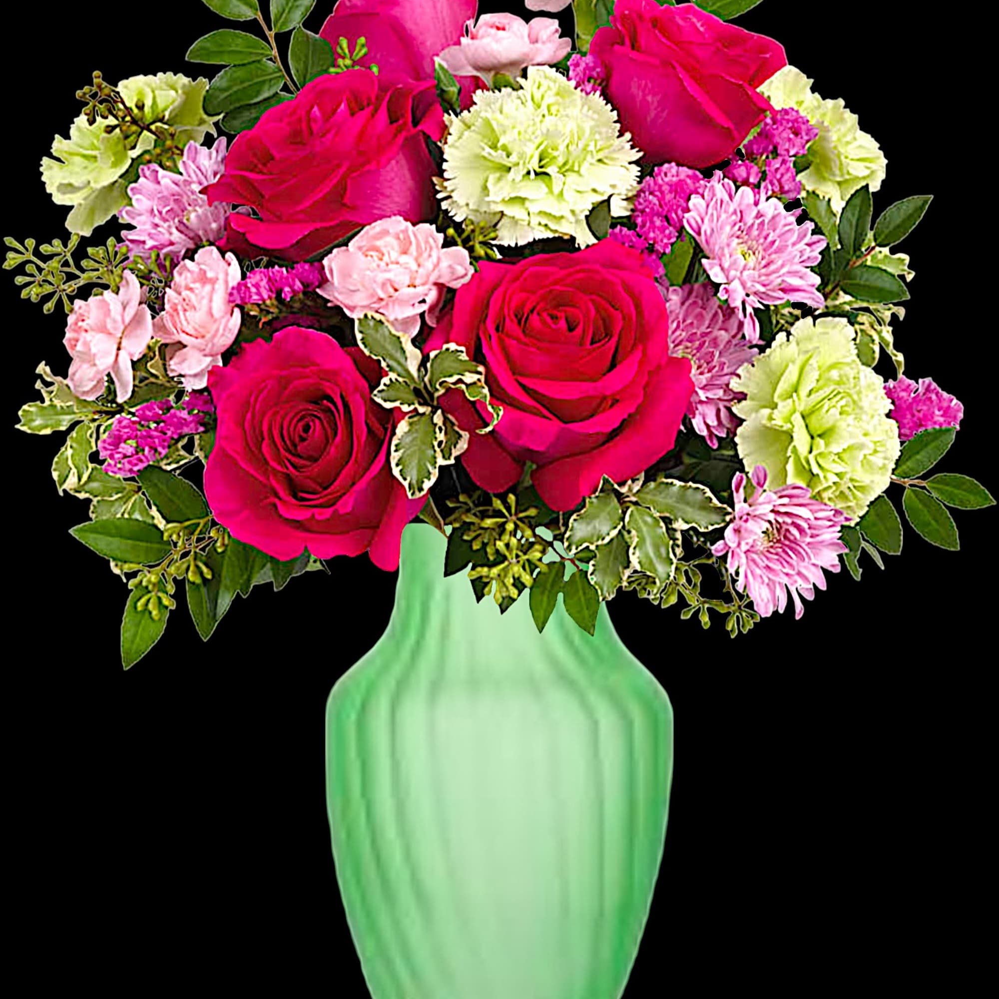 Pink and white mixed bouquet in a green vase