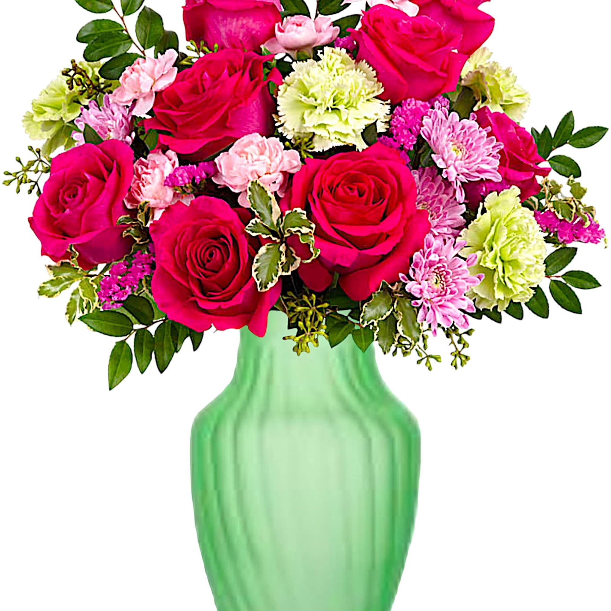 Pink roses and carnations in a green glass vase