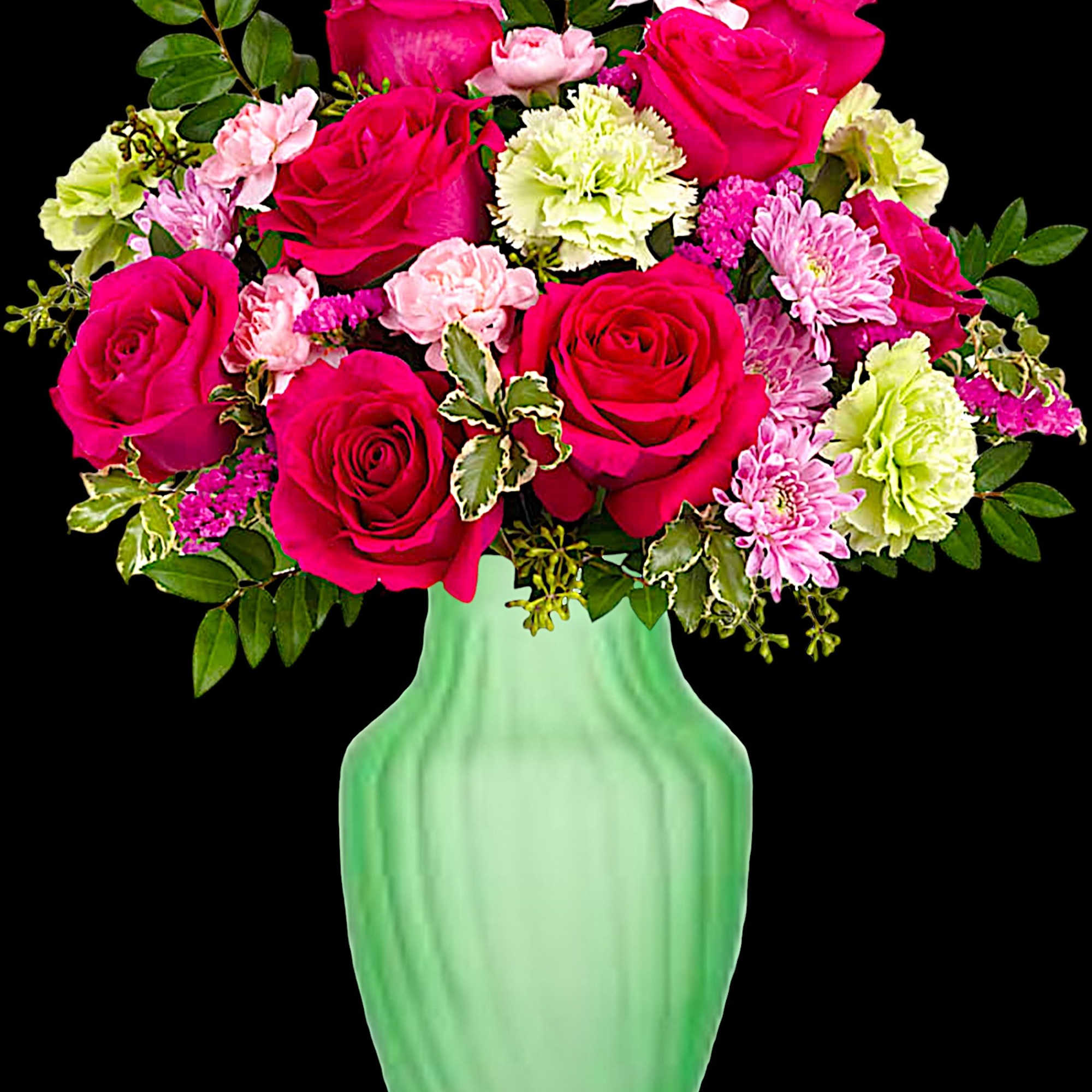 Pink roses and carnations in a green vase