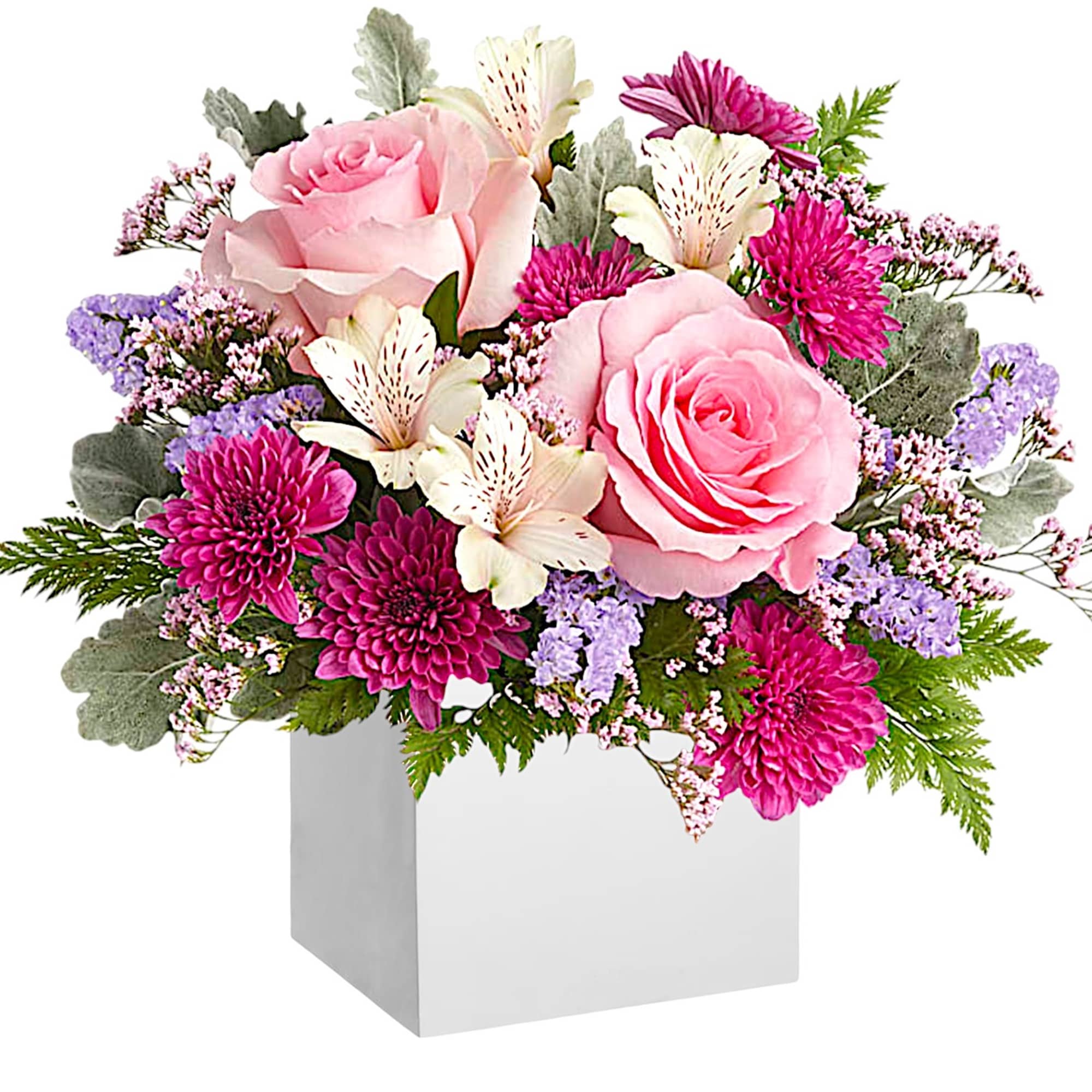 Pink roses and magenta mums in a white box vase