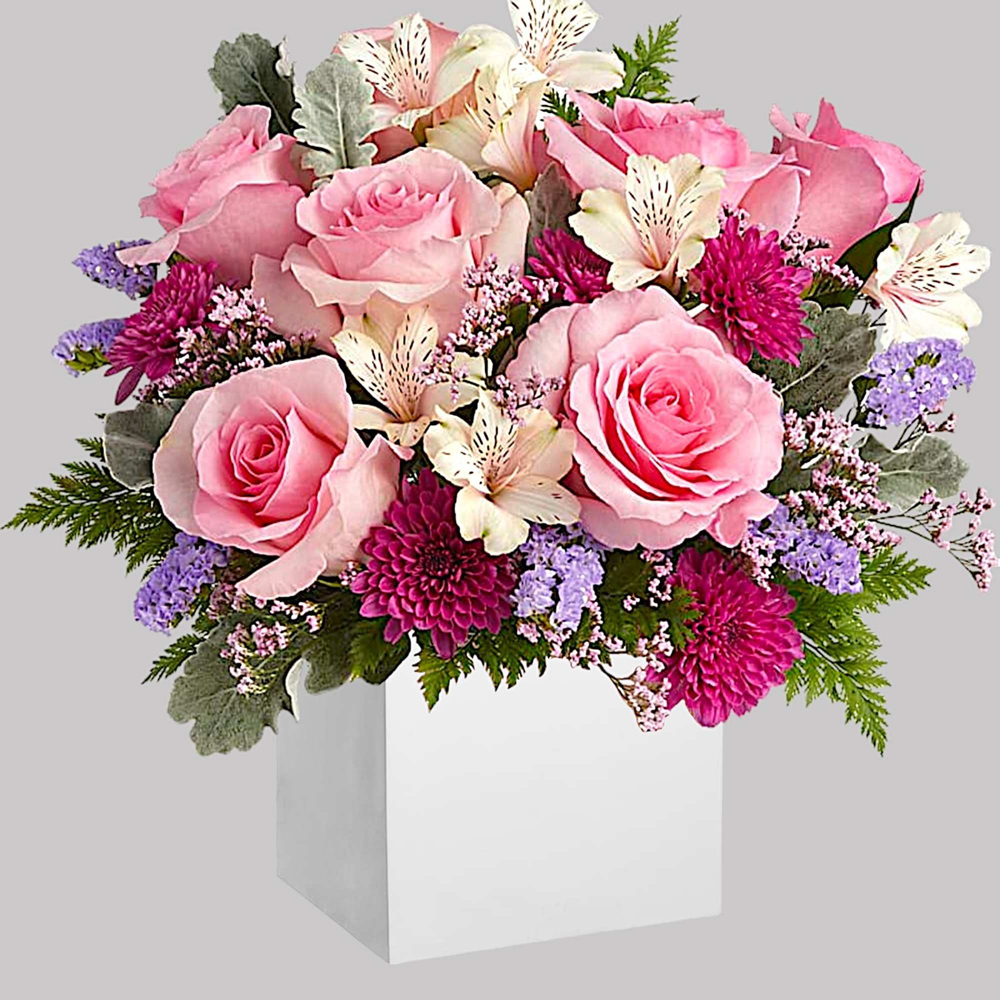Pink roses and purple flowers arranged in a white box, photo 4 of 4