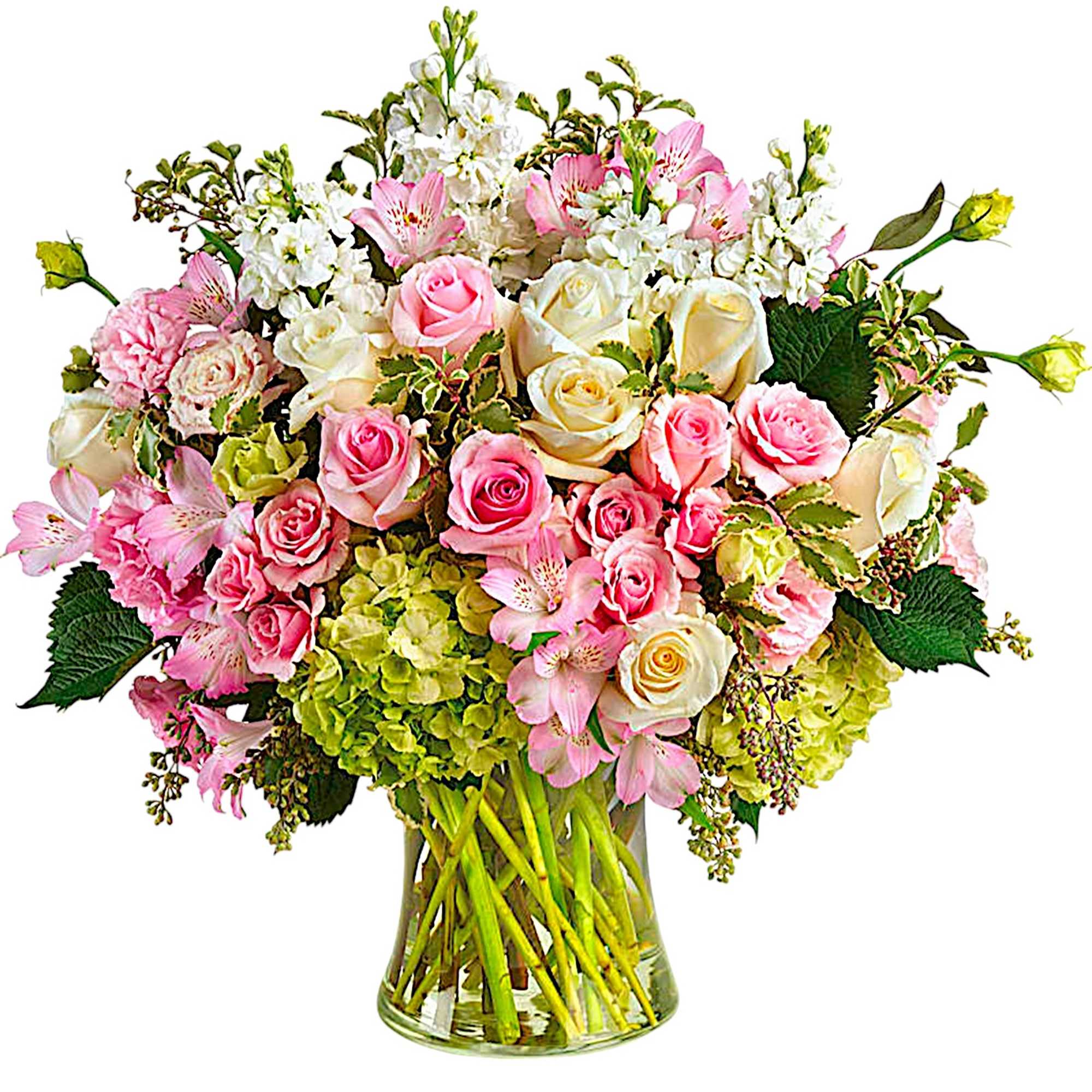 Pink and white roses with alstroemeria in a glass vase