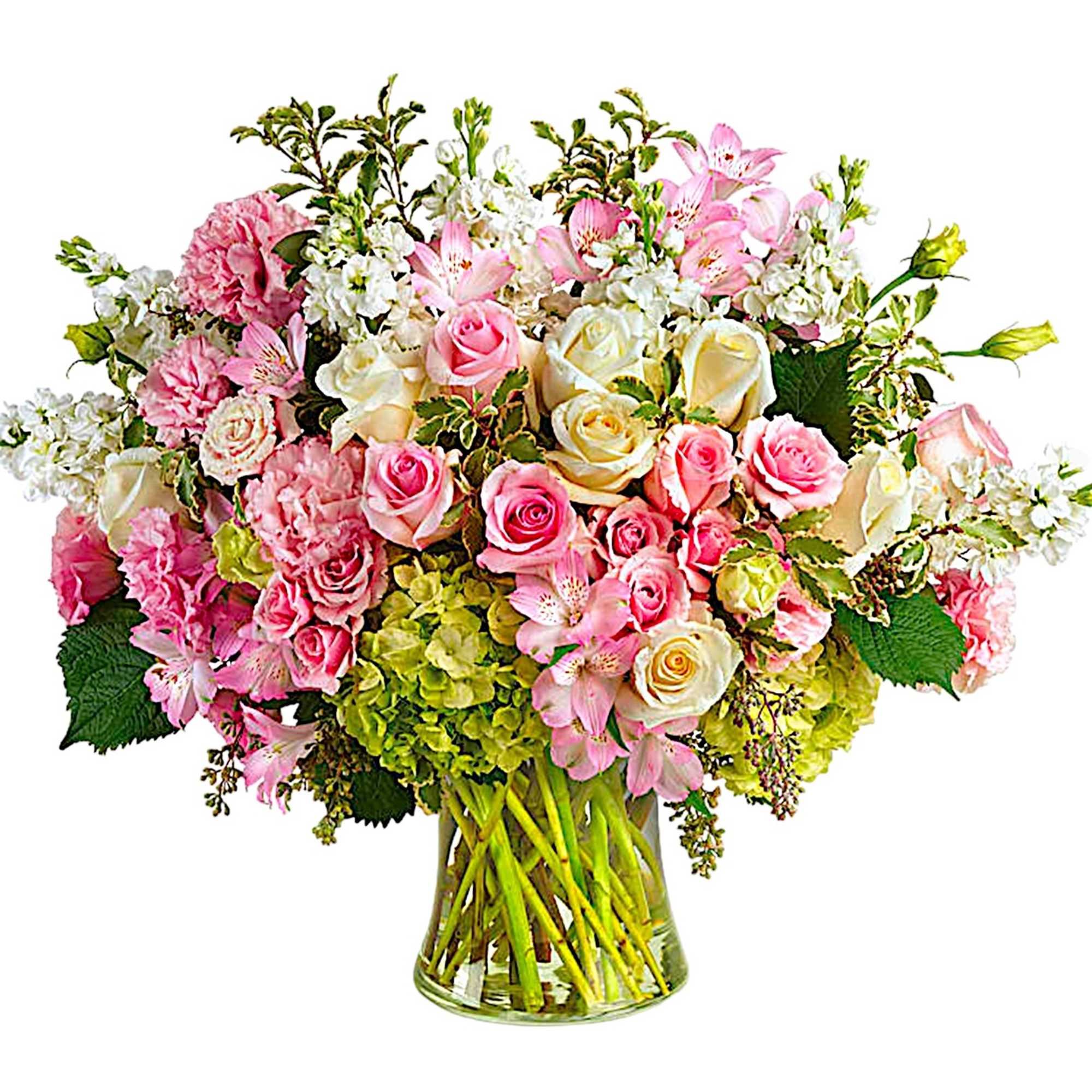 Pink and white mixed bouquet in a clear glass vase