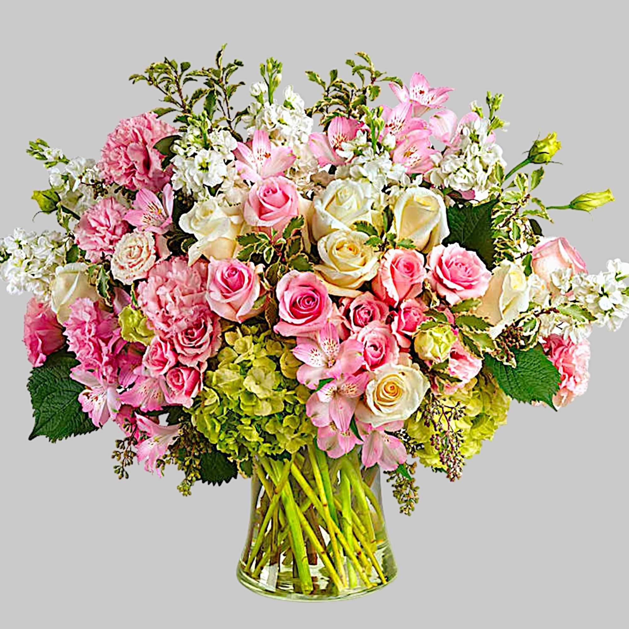 Pink and white mixed bouquet in a clear glass vase, photo 5 of 5