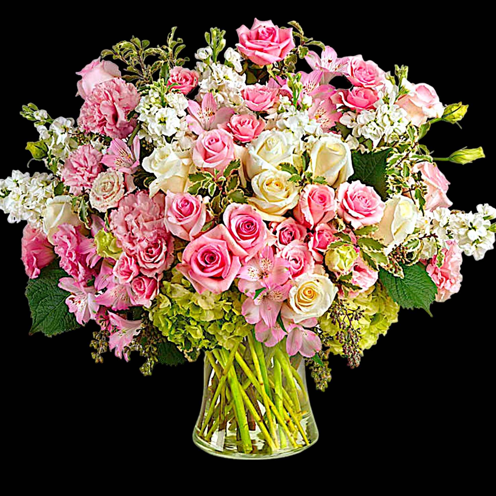 Large bouquet of pink and white roses in a clear glass vase, photo 4 of 5