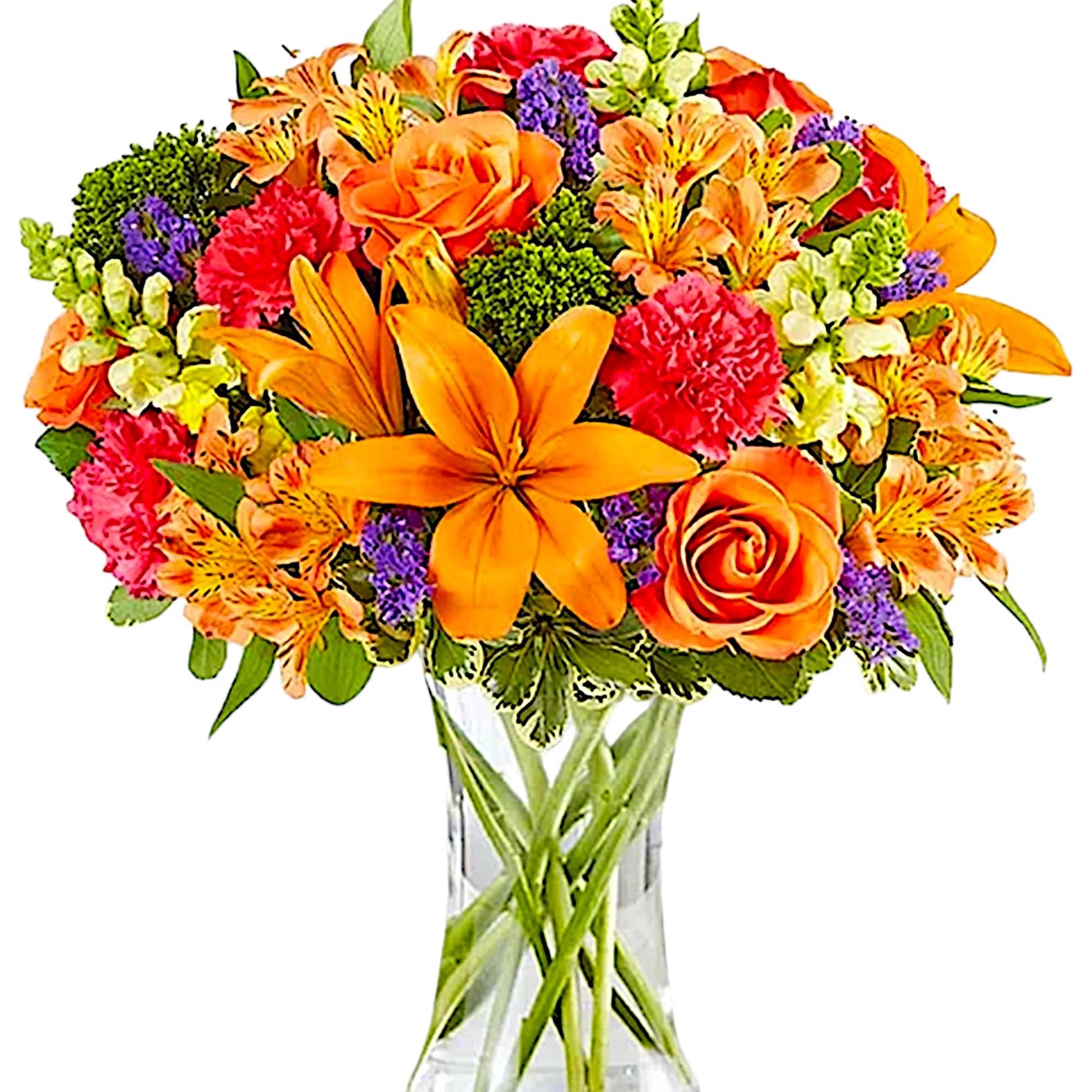 Bright mixed bouquet with orange lilies and roses in a clear glass vase