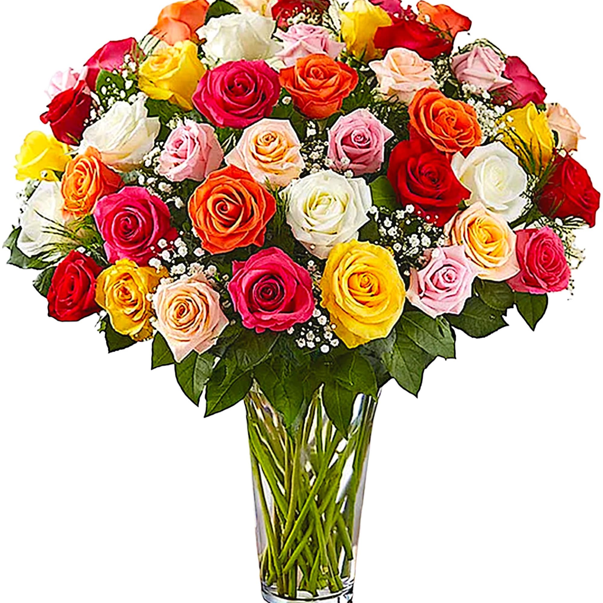 Mixed roses in many colors arranged in a clear glass vase