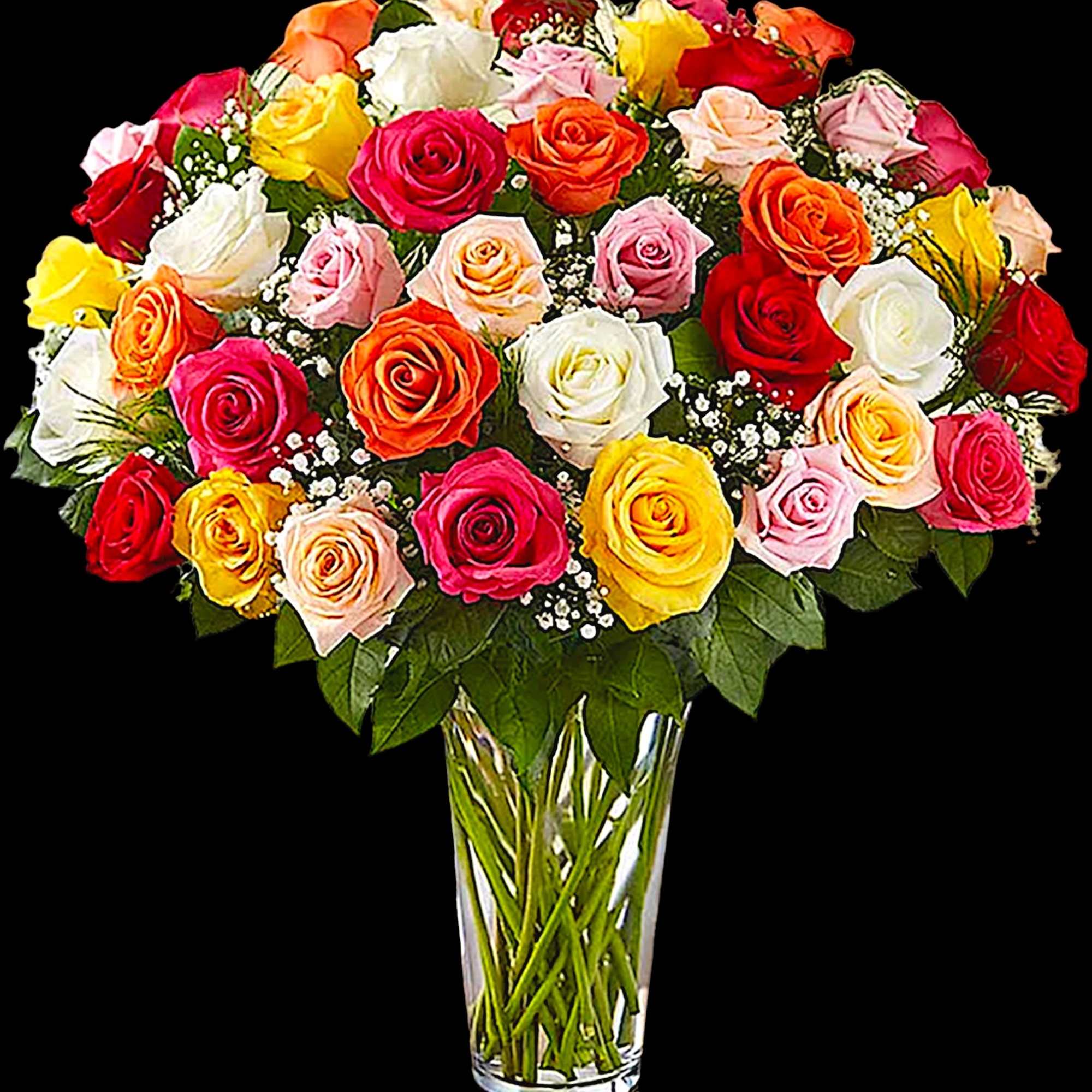 Mixed roses in many colors arranged in a clear glass vase, photo 4 of 5