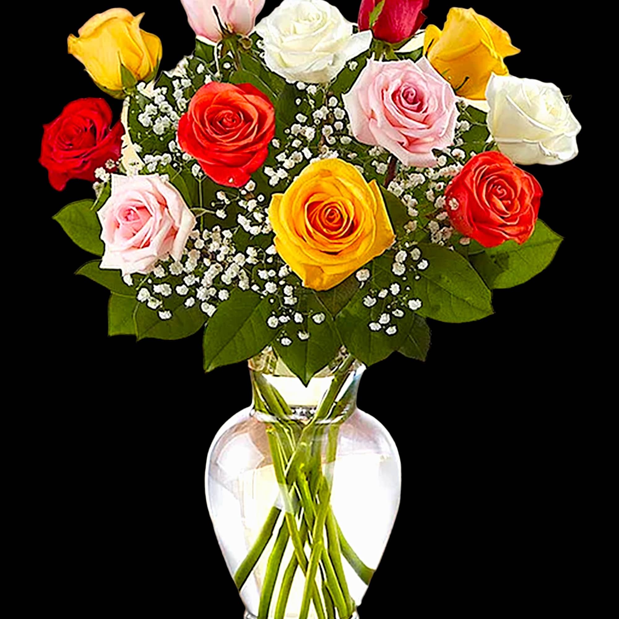 Mixed roses in red, pink, yellow, and white in a clear glass vase