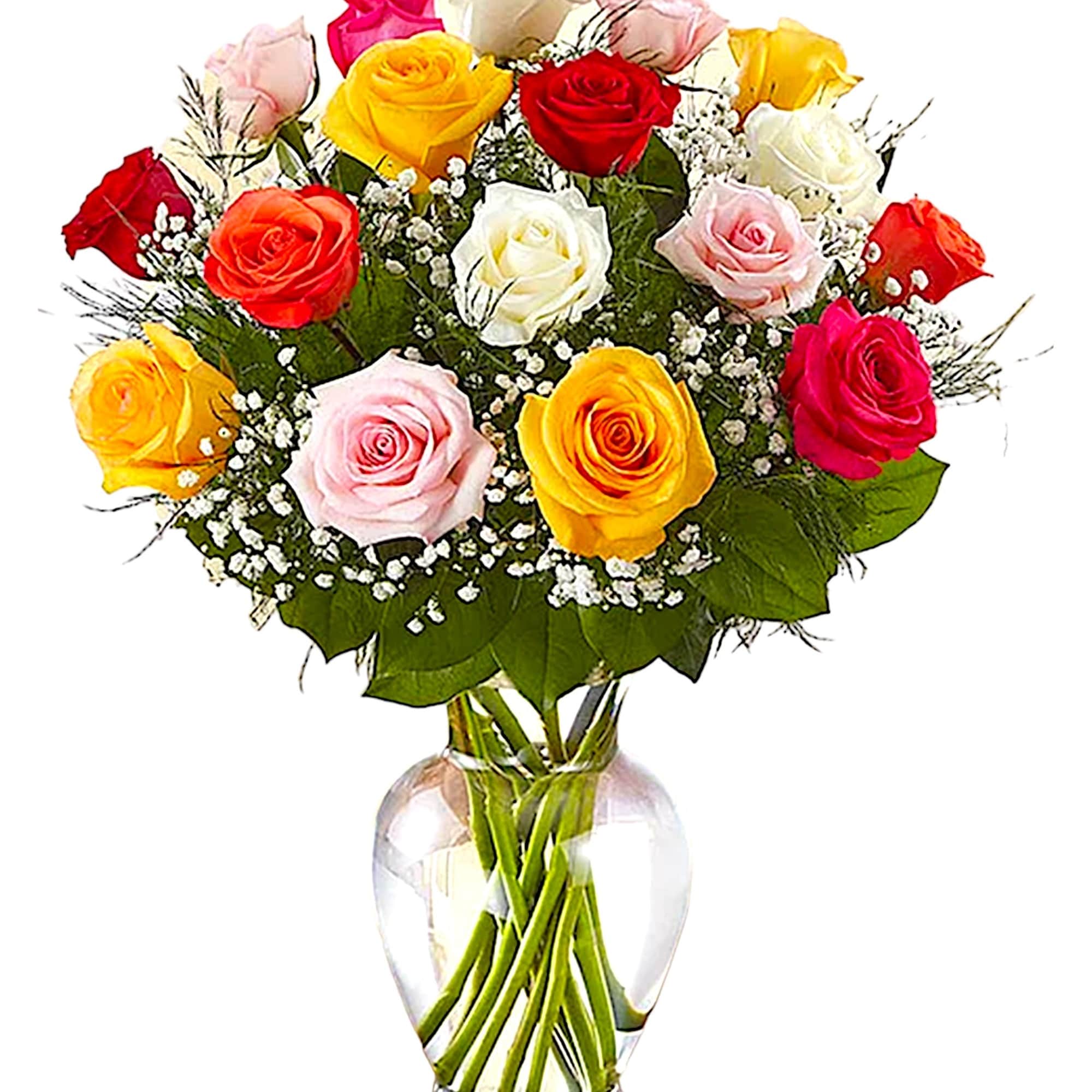 Mixed roses in a clear glass vase