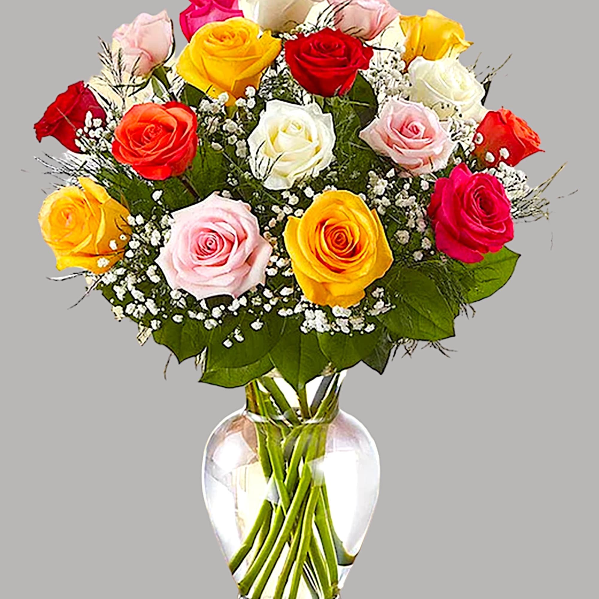 Bouquet of multicolored roses in a clear glass vase, photo 5 of 5