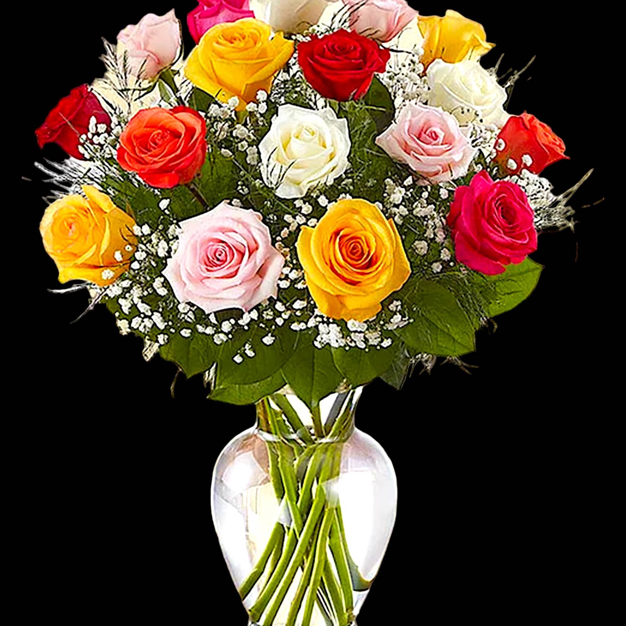 Bouquet of multicolored roses in a clear glass vase, photo 4 of 5