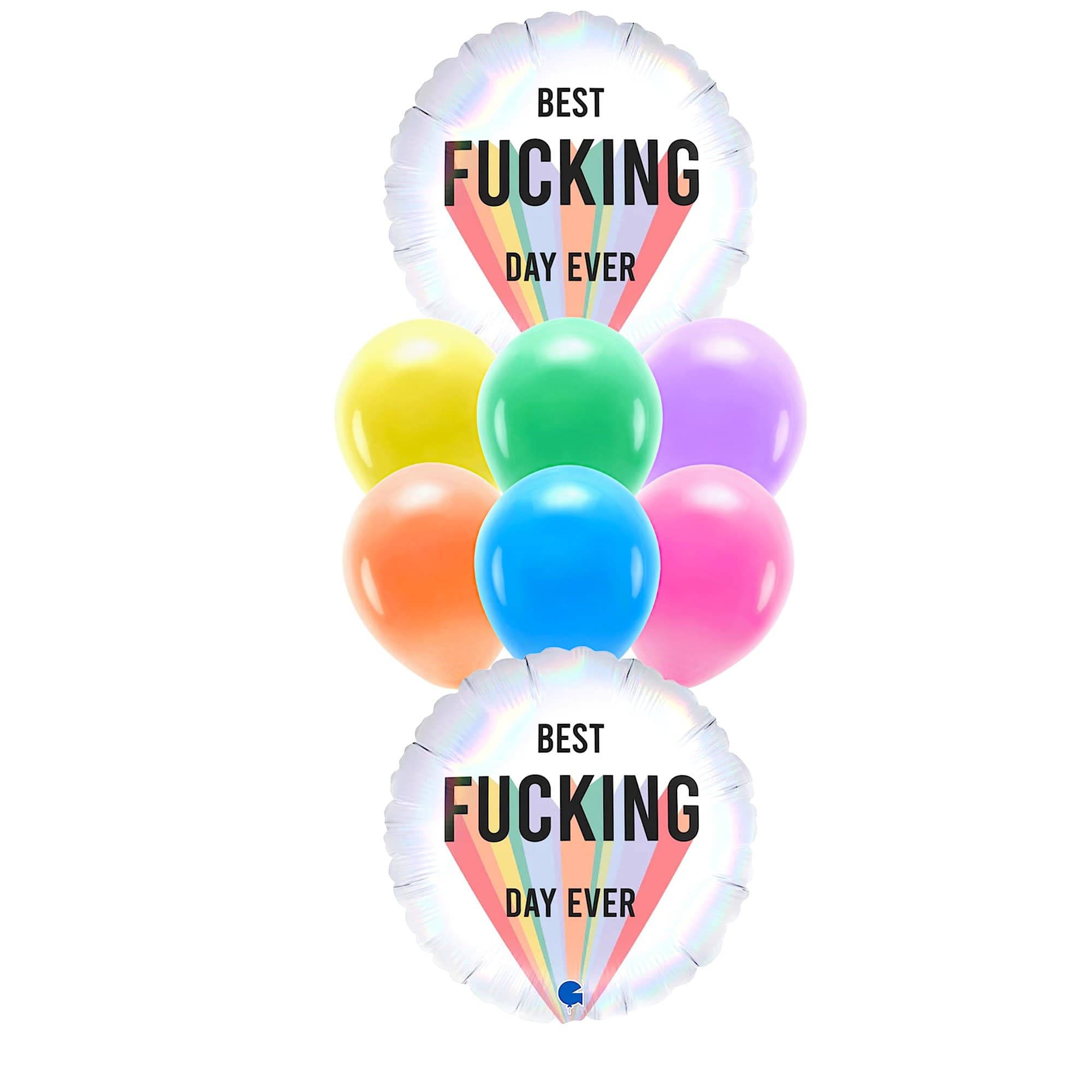 Balloon bouquet with rainbow balloons and two text balloons