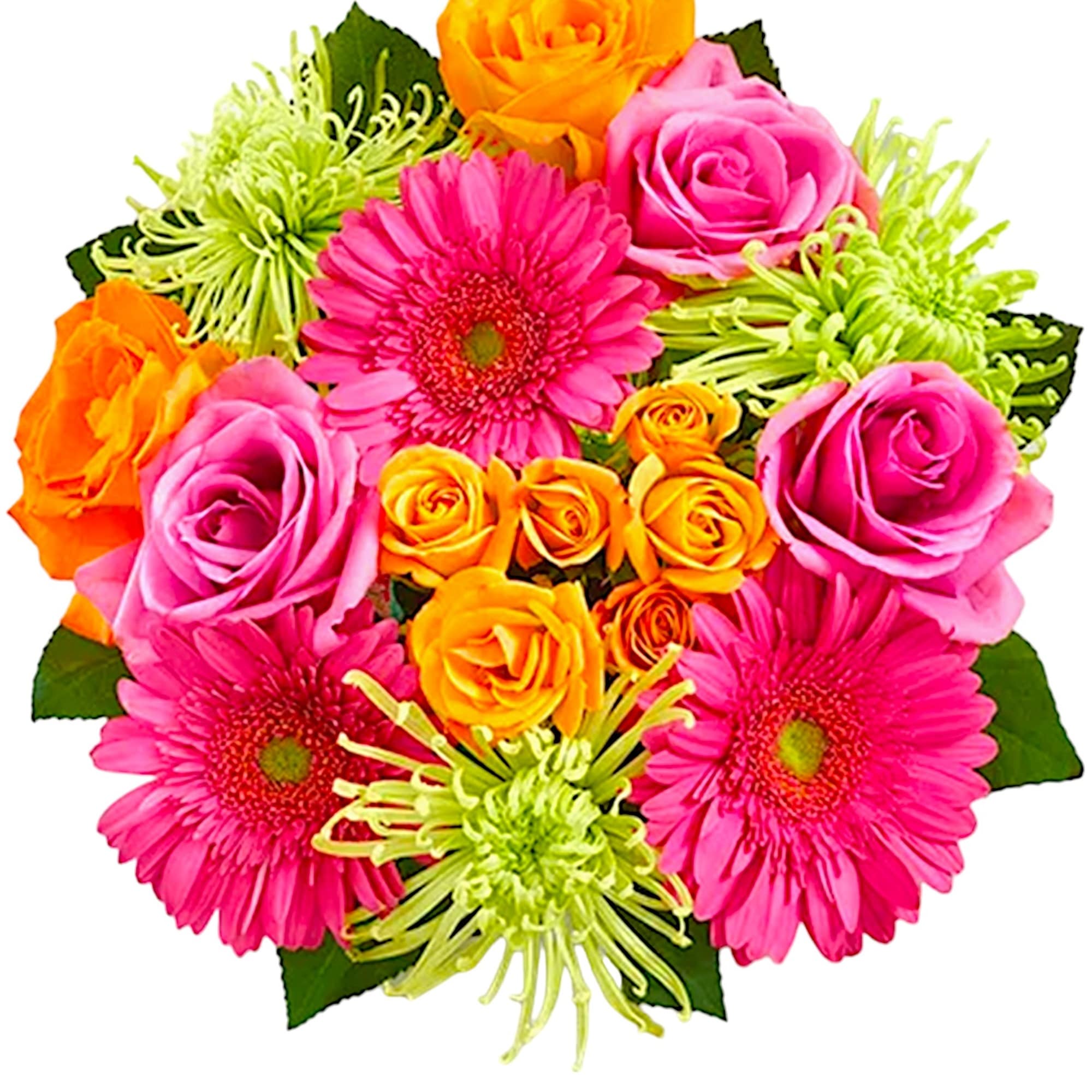 Bright bouquet of pink gerbera daisies and orange and pink roses