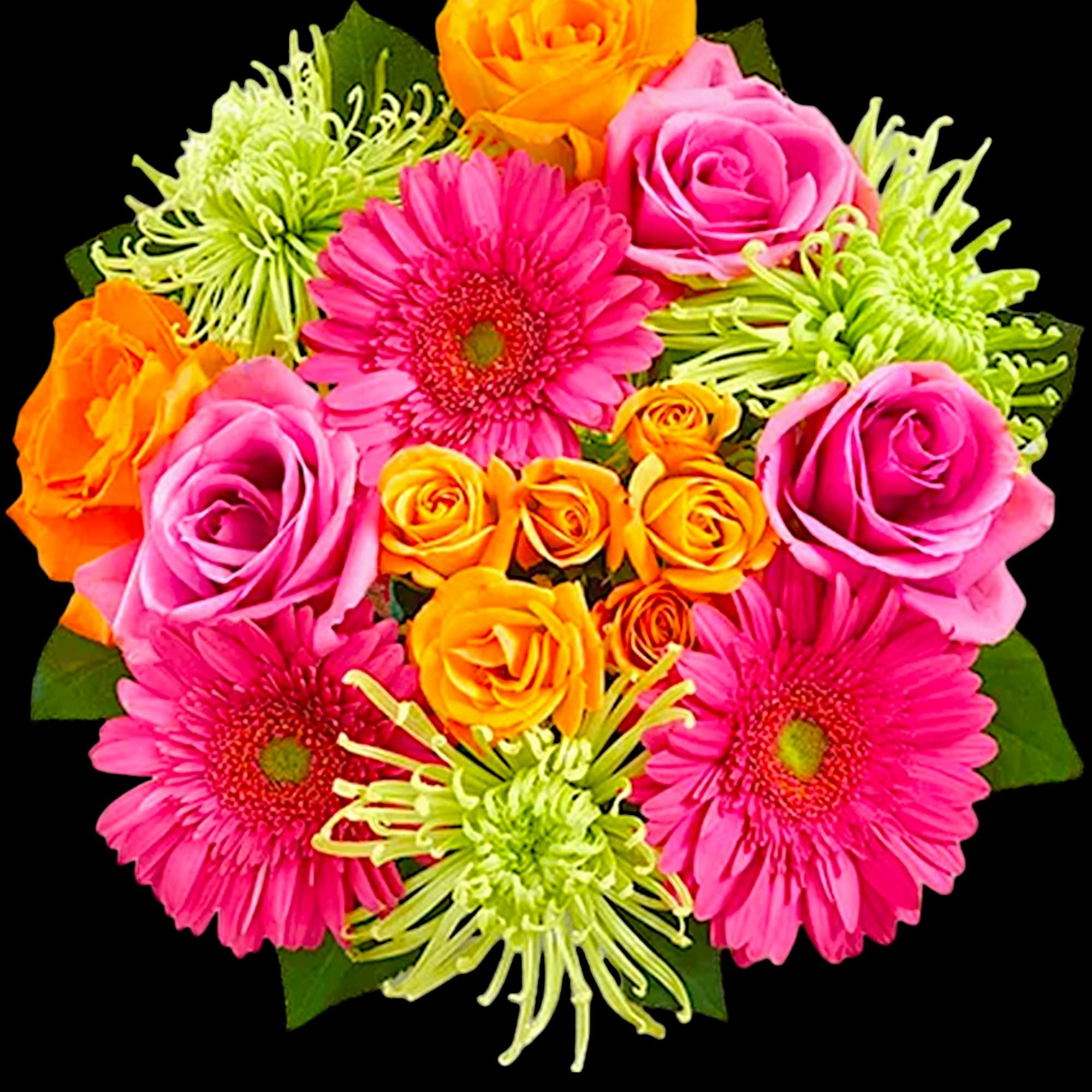 Bouquet of pink and orange roses with hot pink gerbera daisies