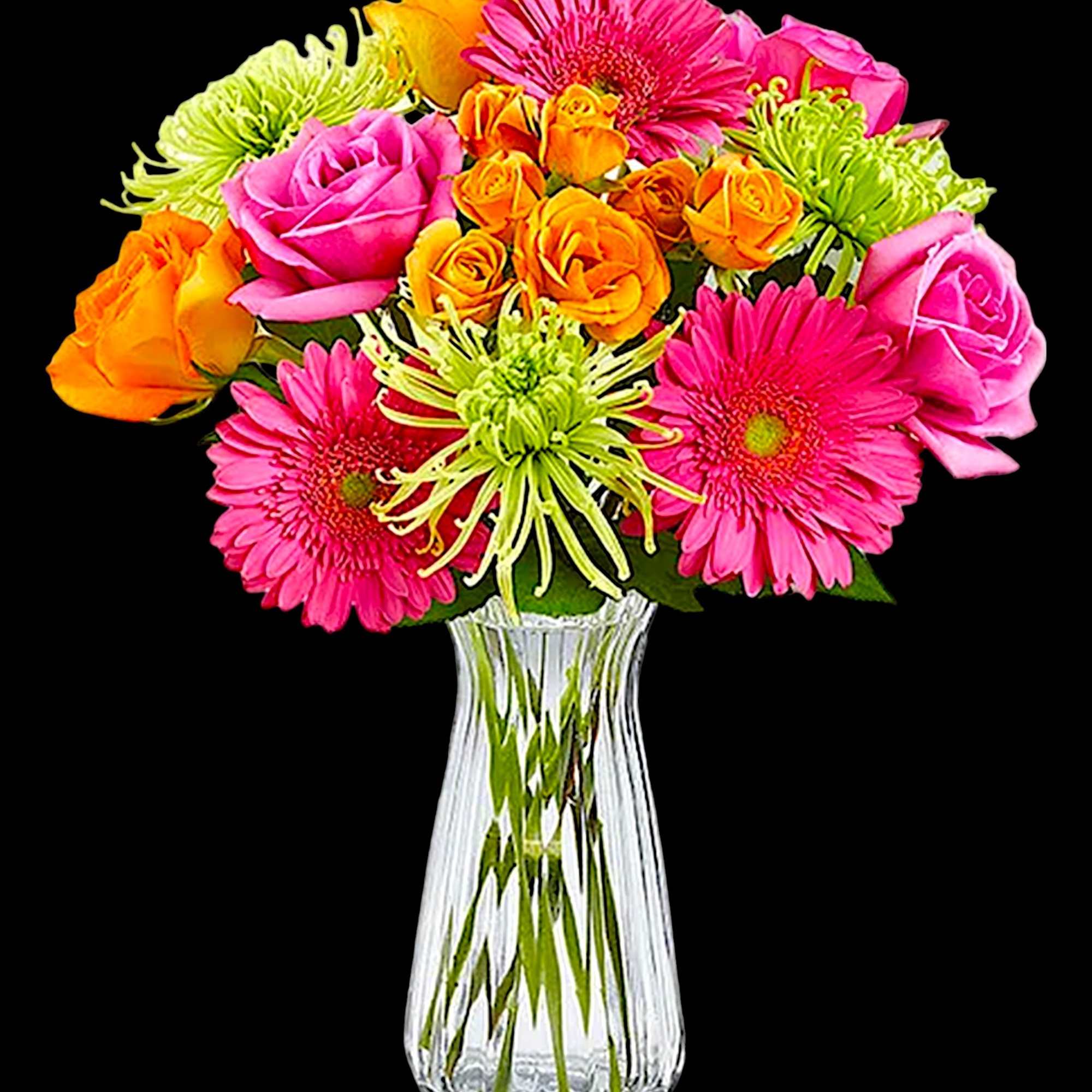 Bright mixed bouquet of pink and orange flowers in a clear glass vase, photo 4 of 5