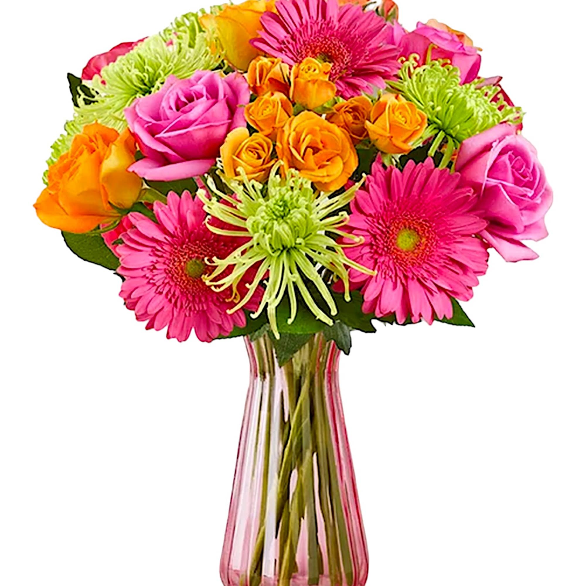 Bouquet of pink and orange flowers in a pink glass vase