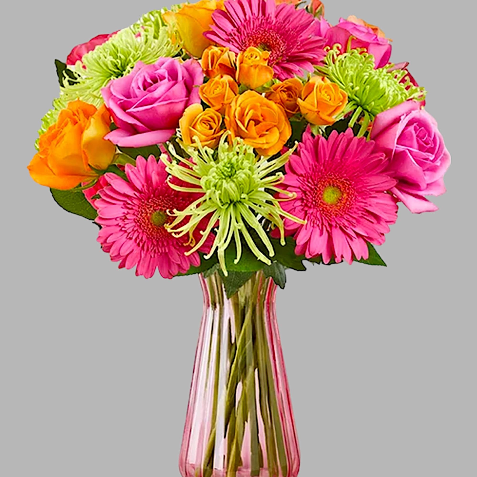 Bouquet of pink and orange flowers in a pink glass vase, photo 5 of 5