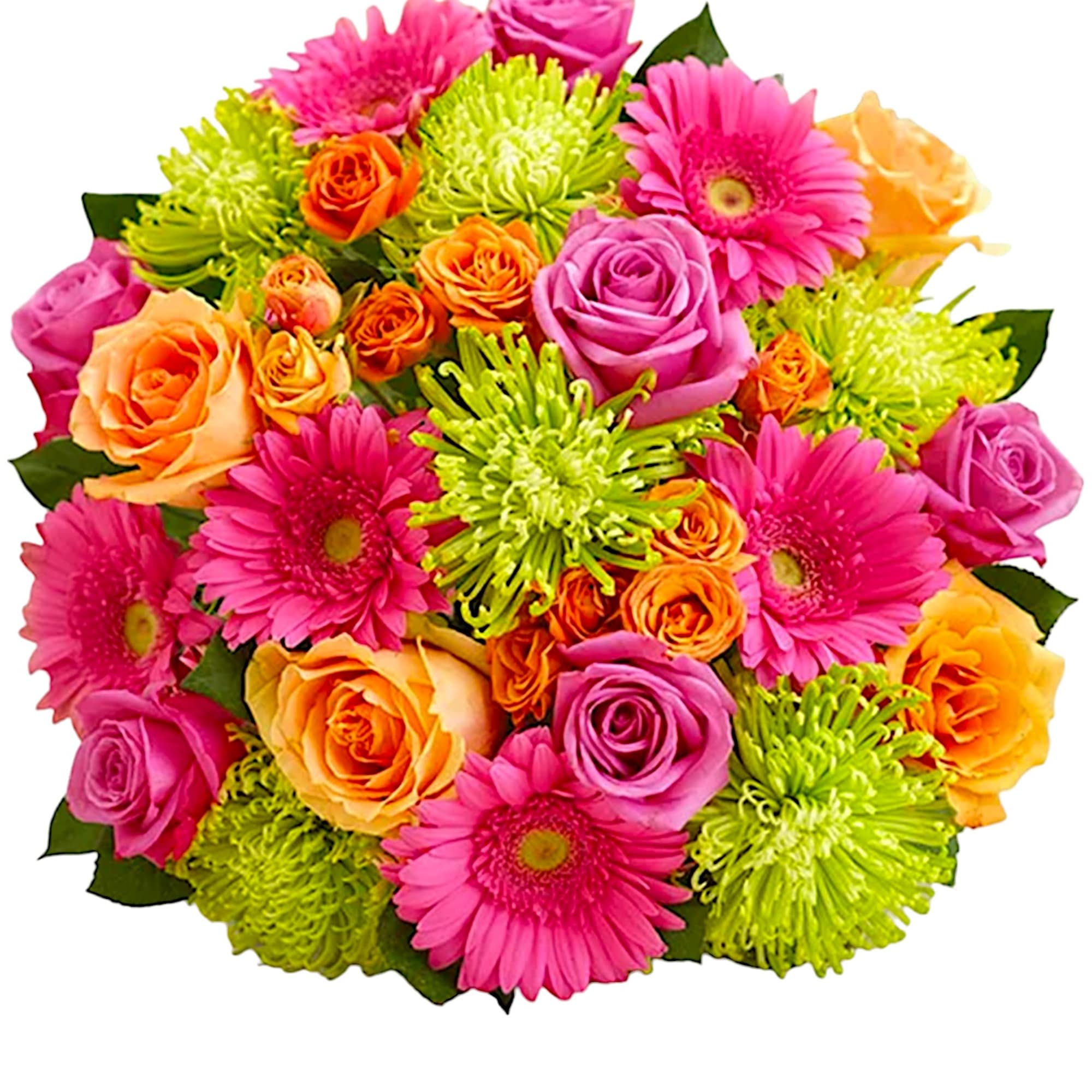 Bright mixed bouquet with pink gerberas, roses, and green chrysanthemums