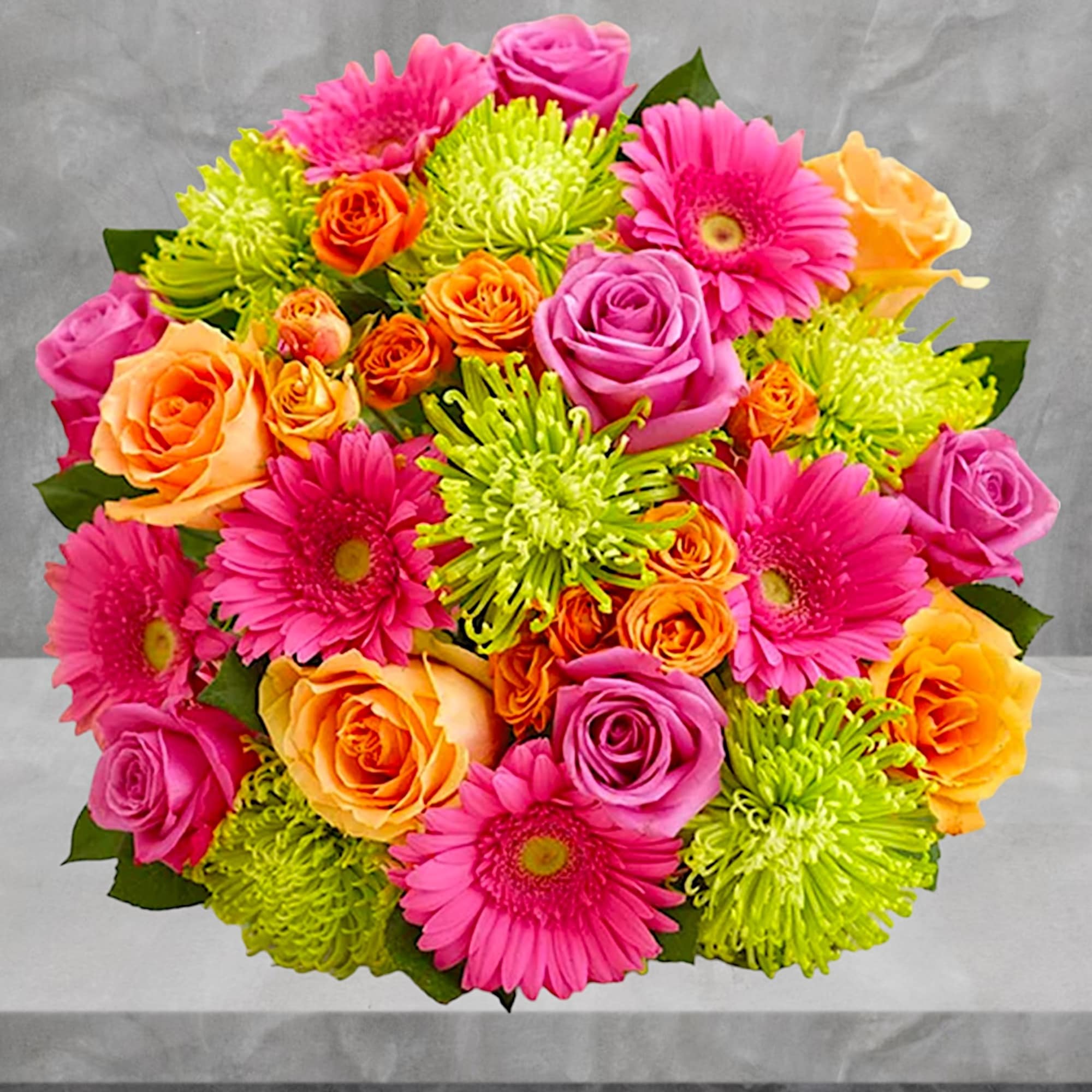 Bright mixed bouquet of pink, orange, and lime flowers