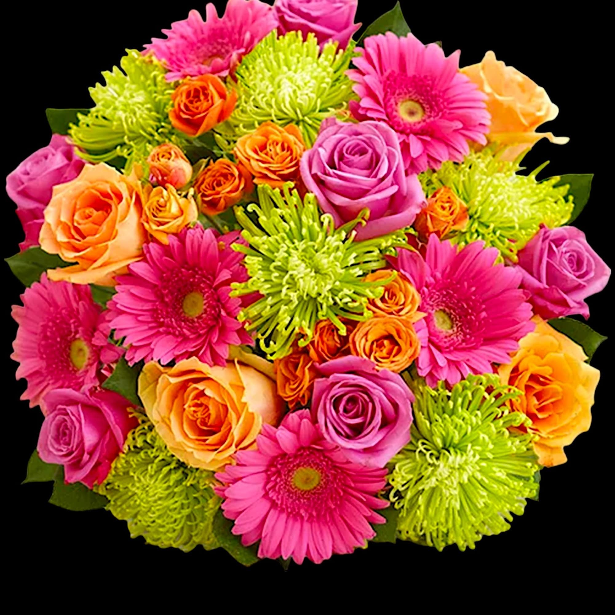 Bright bouquet of pink gerbera daisies, roses, and lime green mums