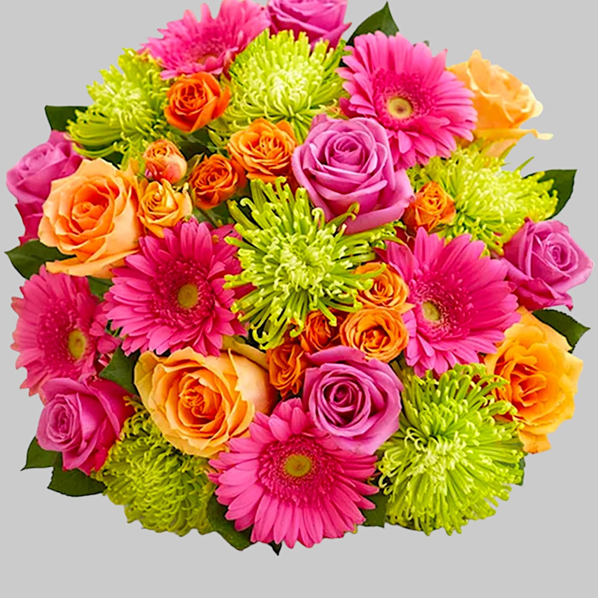 Bright bouquet of pink gerbera daisies, roses, and green mums