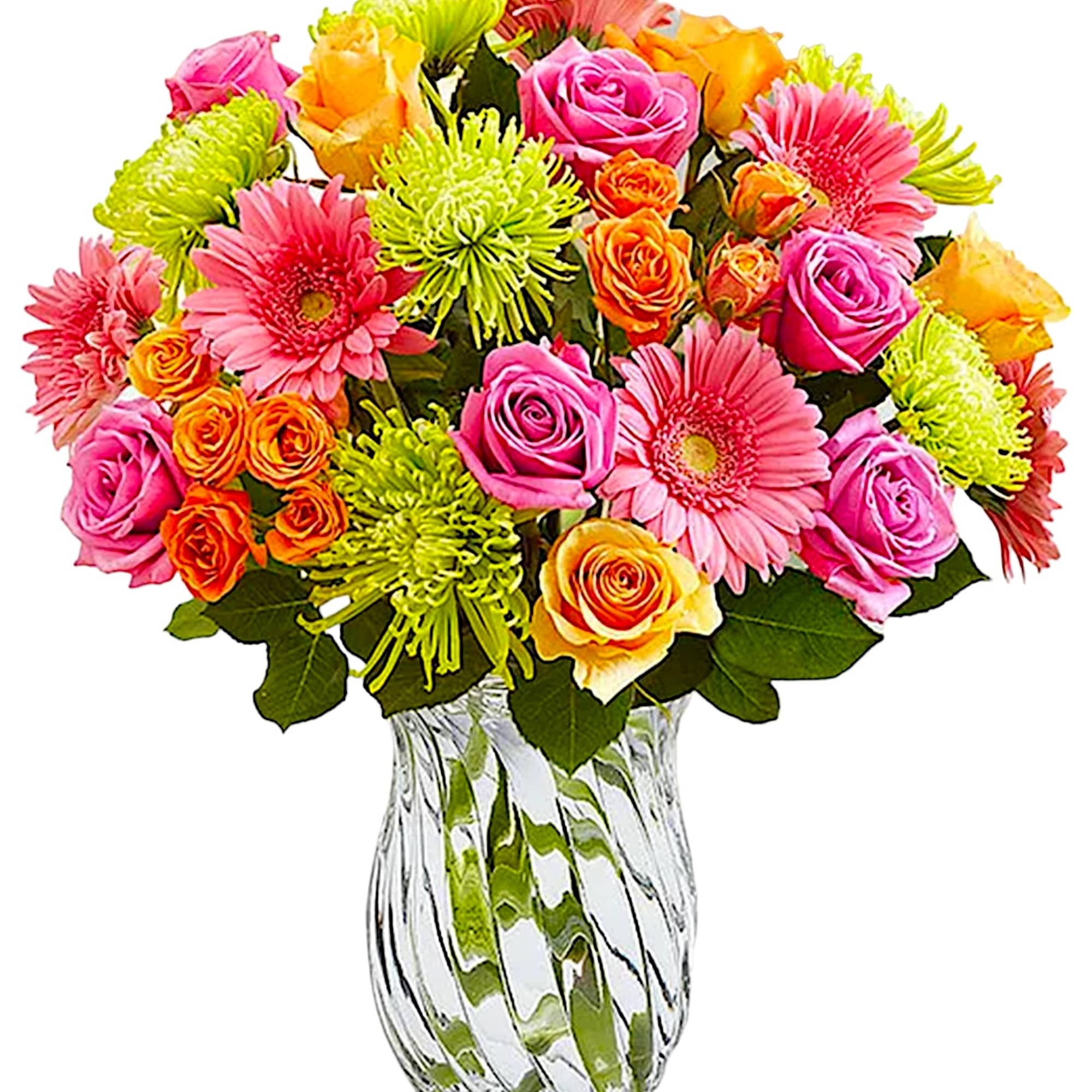 Mixed bouquet of pink, orange, and yellow flowers in a clear glass vase