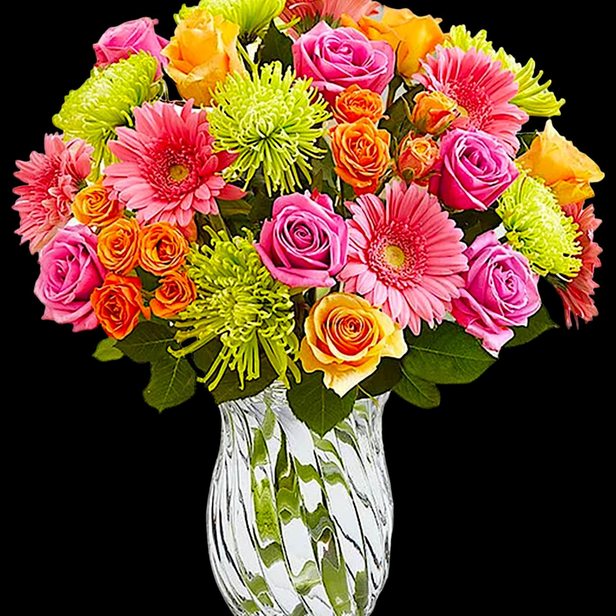 Colorful bouquet of roses and gerbera daisies in a clear glass vase, photo 4 of 5