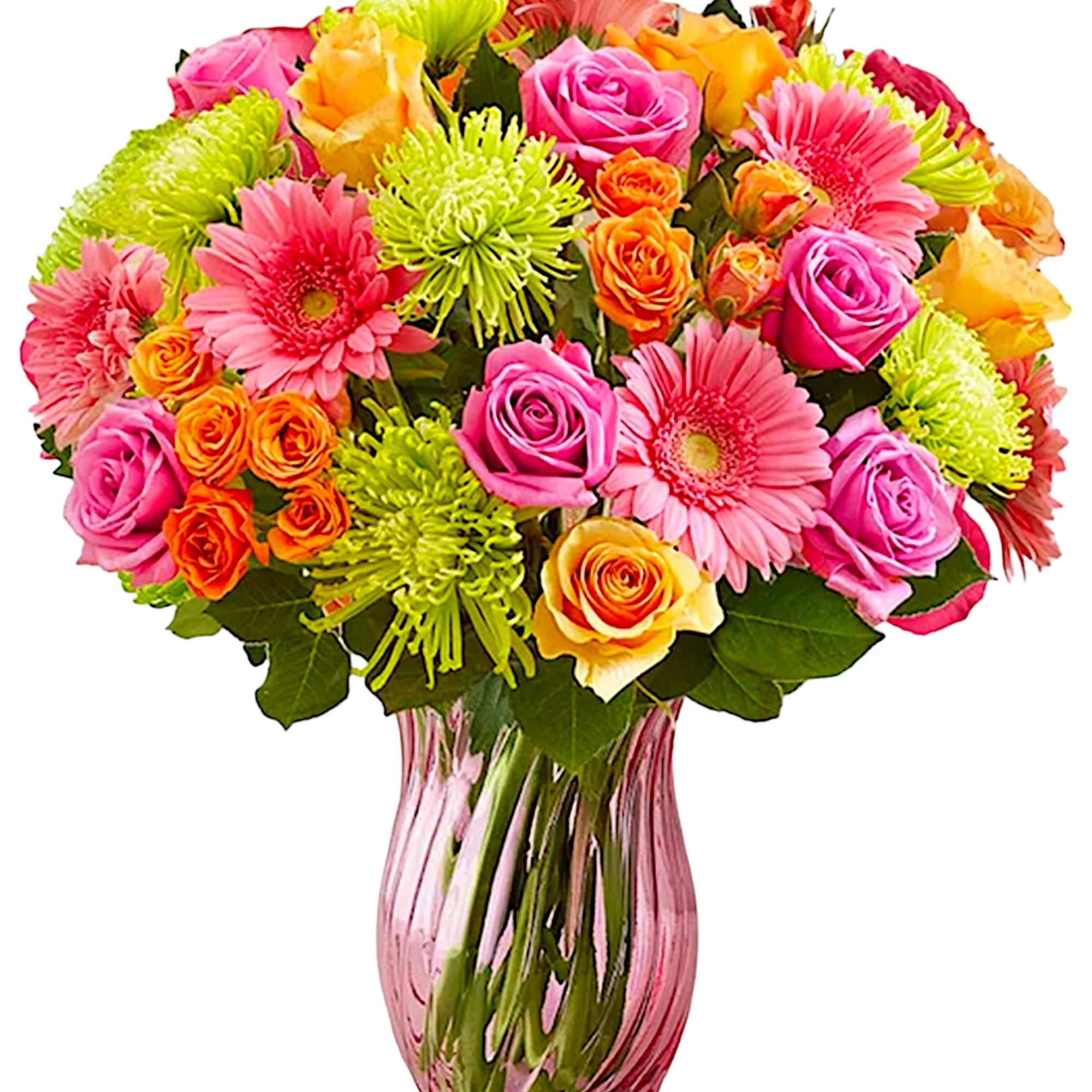 Bright mixed bouquet of roses, gerbera daisies, and mums in a pink glass vase