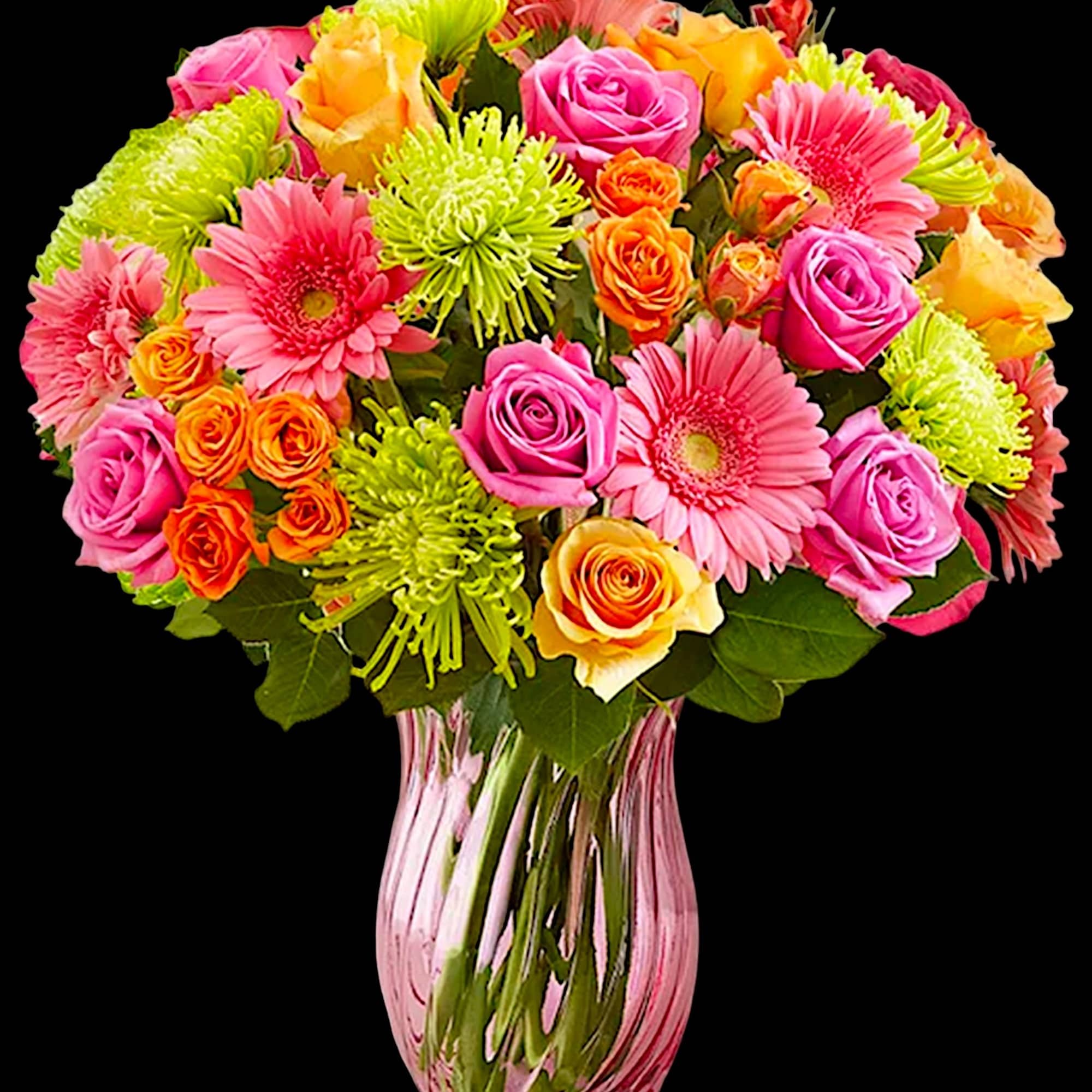 Pink and orange mixed bouquet in a glass vase