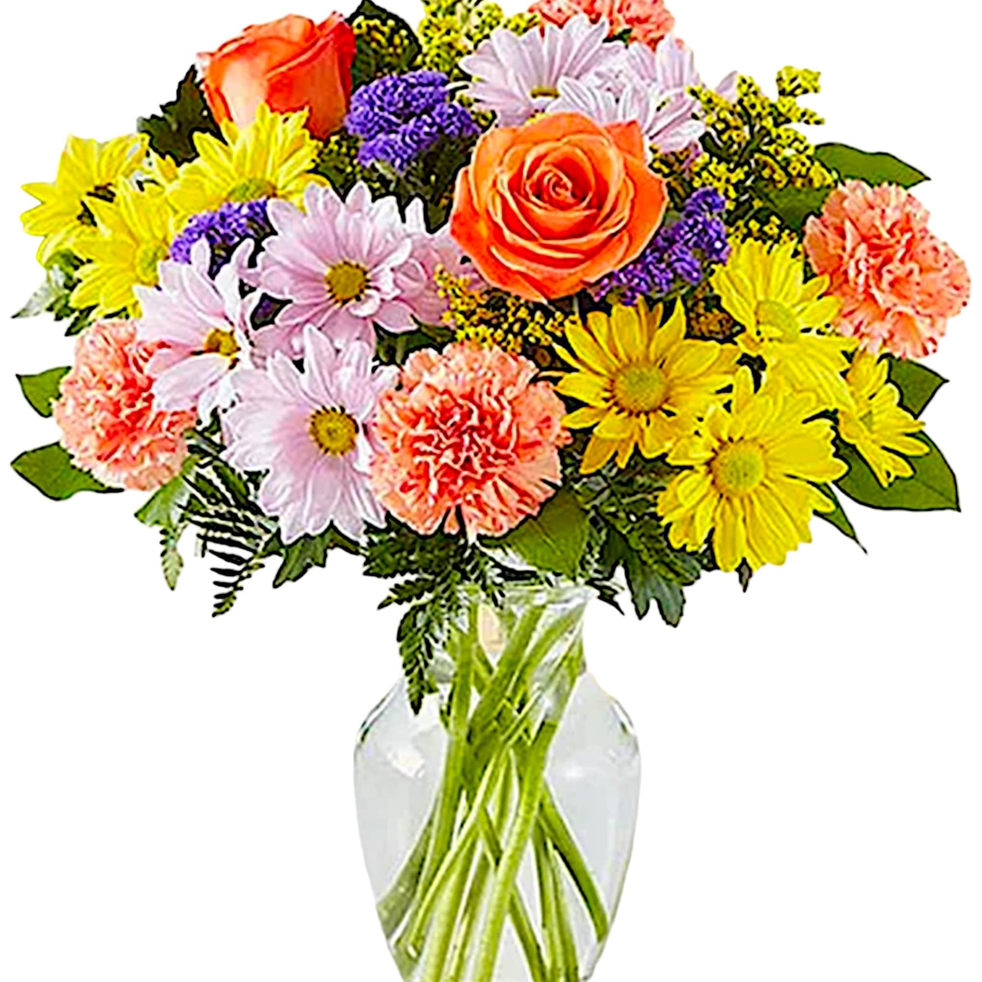 Mixed bouquet of roses, daisies, and carnations in a clear glass vase
