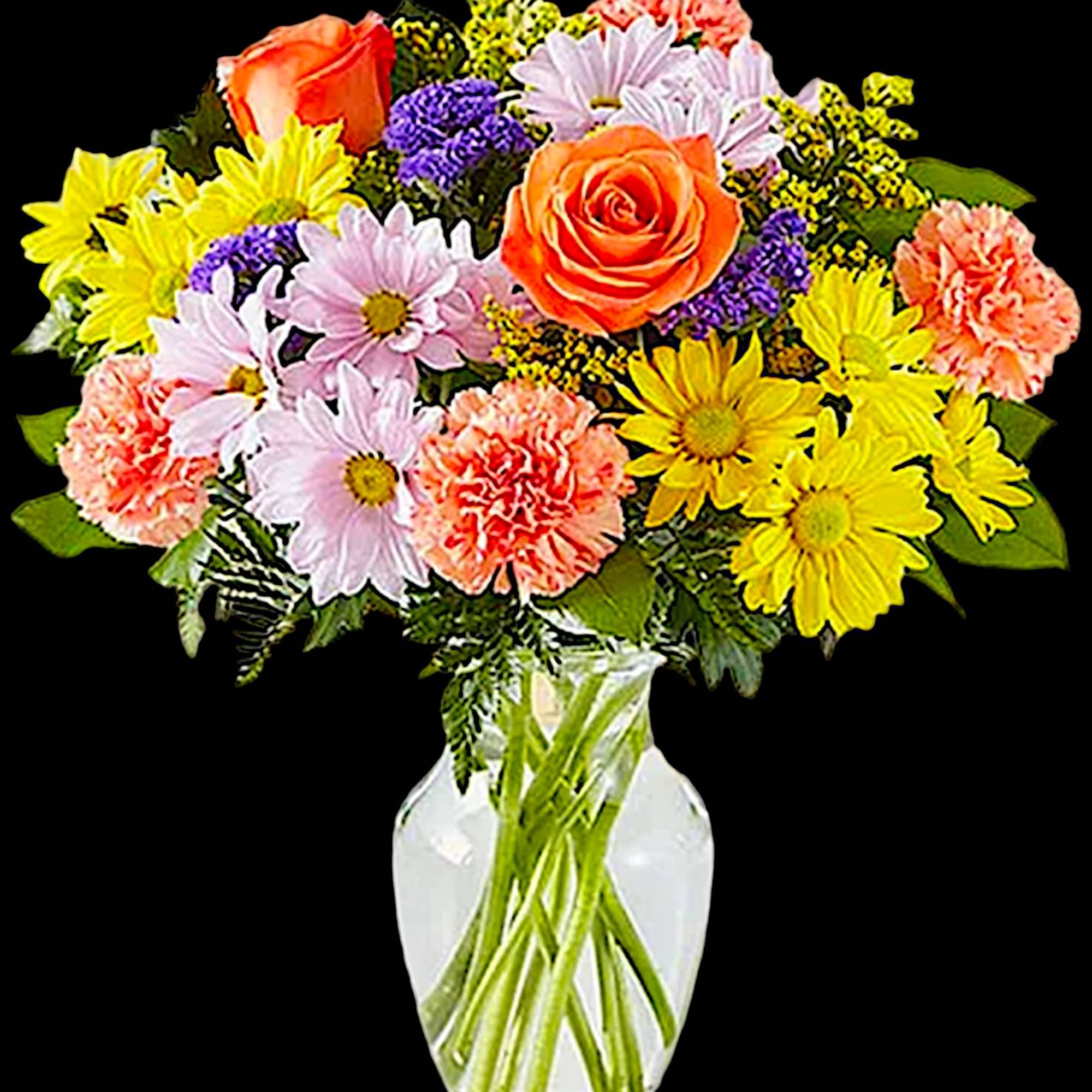 Mixed bouquet of roses, daisies, and carnations in a clear glass vase, photo 4 of 5