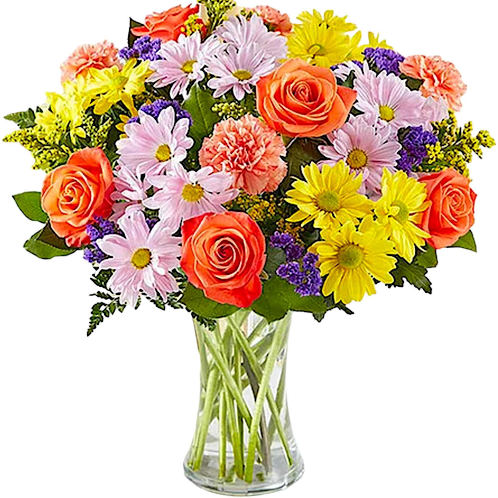 Mixed bouquet of roses and daisies in a clear glass vase