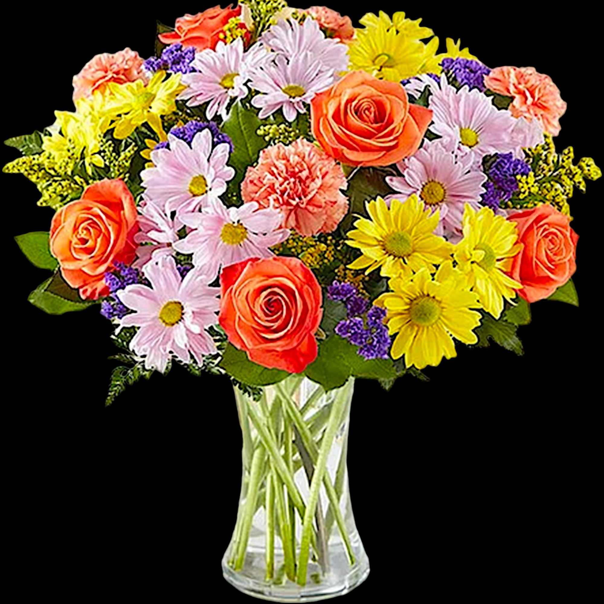 Mixed bouquet of roses, daisies, and carnations in a clear glass vase, photo 4 of 5