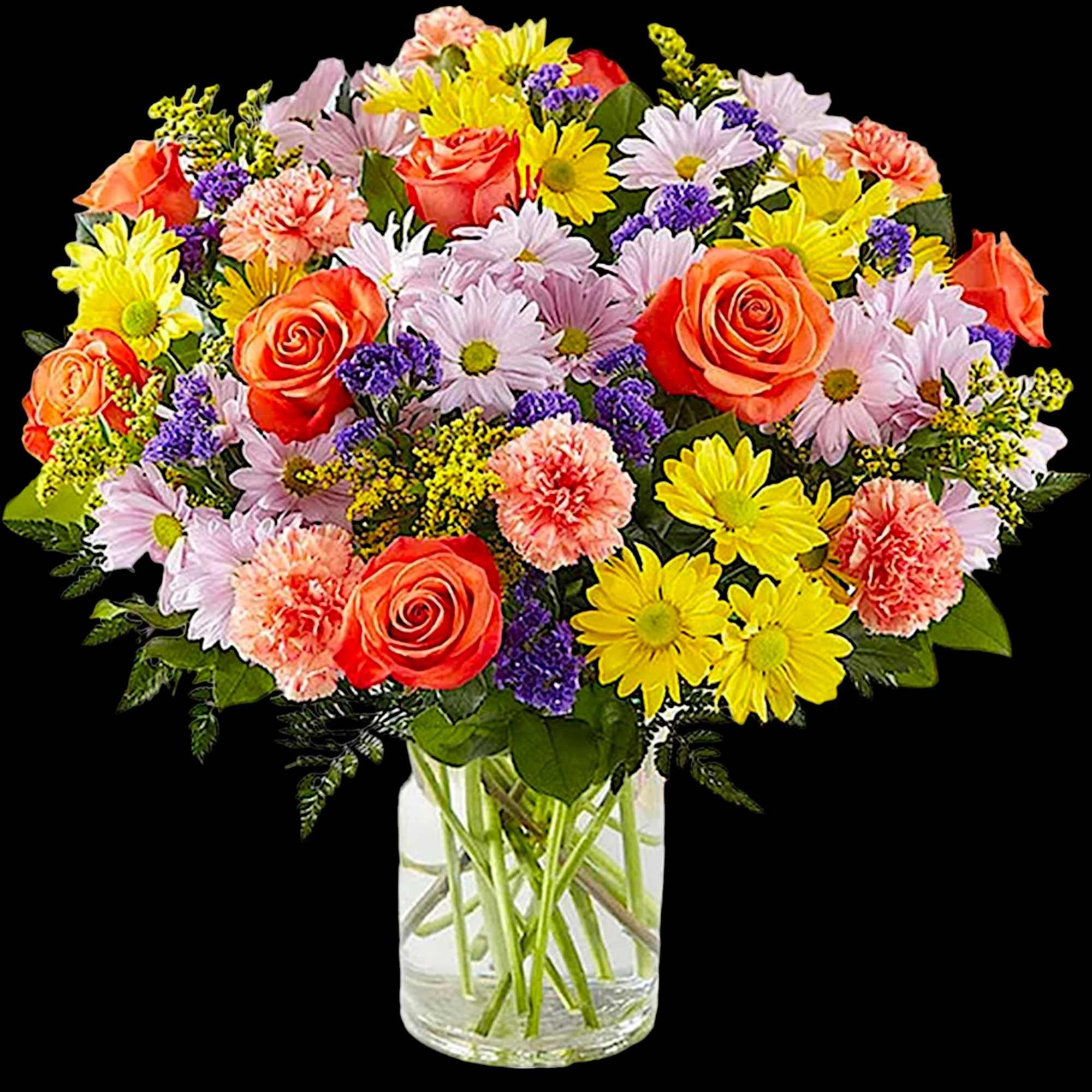 Mixed bouquet of roses, daisies, and carnations in a clear glass vase, photo 4 of 5